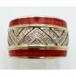9K YELLOW GOLD DIAMOND & RED ENAMELLED BAND RING WEIGHT 5.9G SIZE K