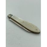 Antique SILVER BLADED FRUIT KNIFE with beautifully patterned mother of pearl handle. Having clear