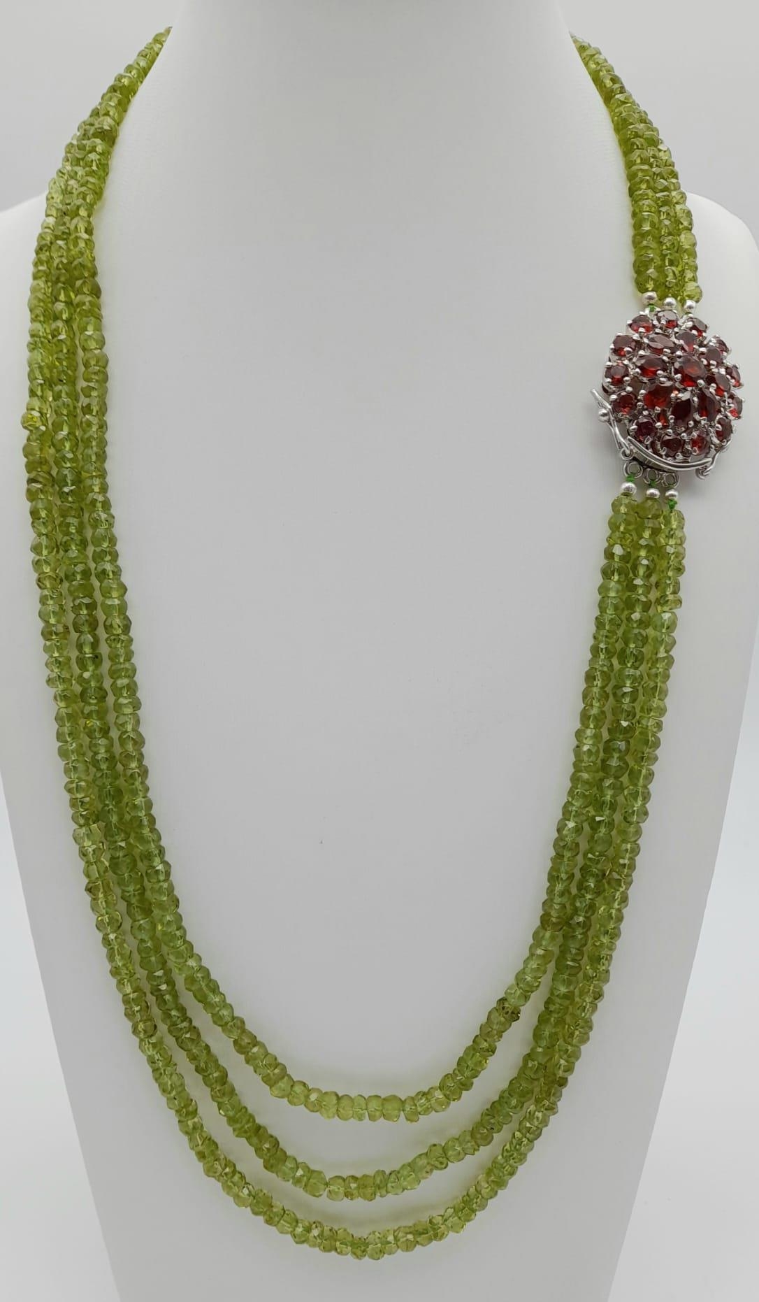 3 Row Peridot Gemstone Necklace with Garnet Clasp in 925 Silver, 440cts in total , Comes on side - Image 2 of 4