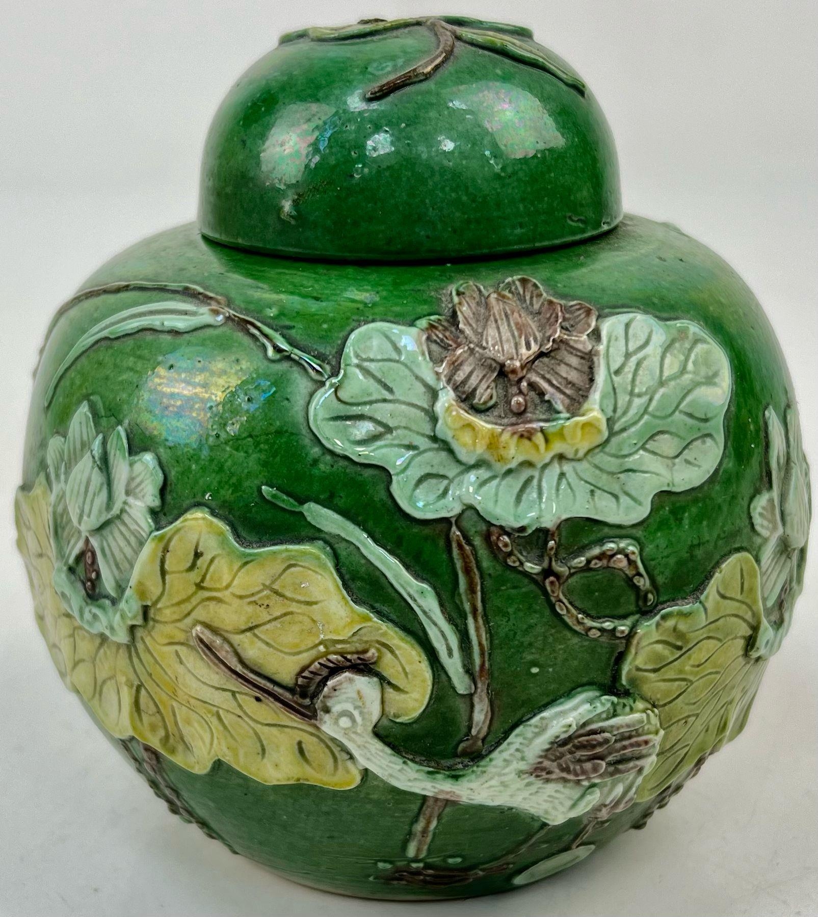 A 19th Century Chinese Famille Verte Covered Ginger Jar. Cork stopper slightly jammed so A/F. 13cm