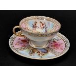 An Antique Meissen Miniature Cup and Saucer. Soft pastel colours. Pastoral scenes and gilded