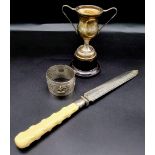 A SILVER BLADED BONEHANDLED ORNATE KNIFE DATED 1895, PLUS A MINITURE SILVERCUP FROM 1933