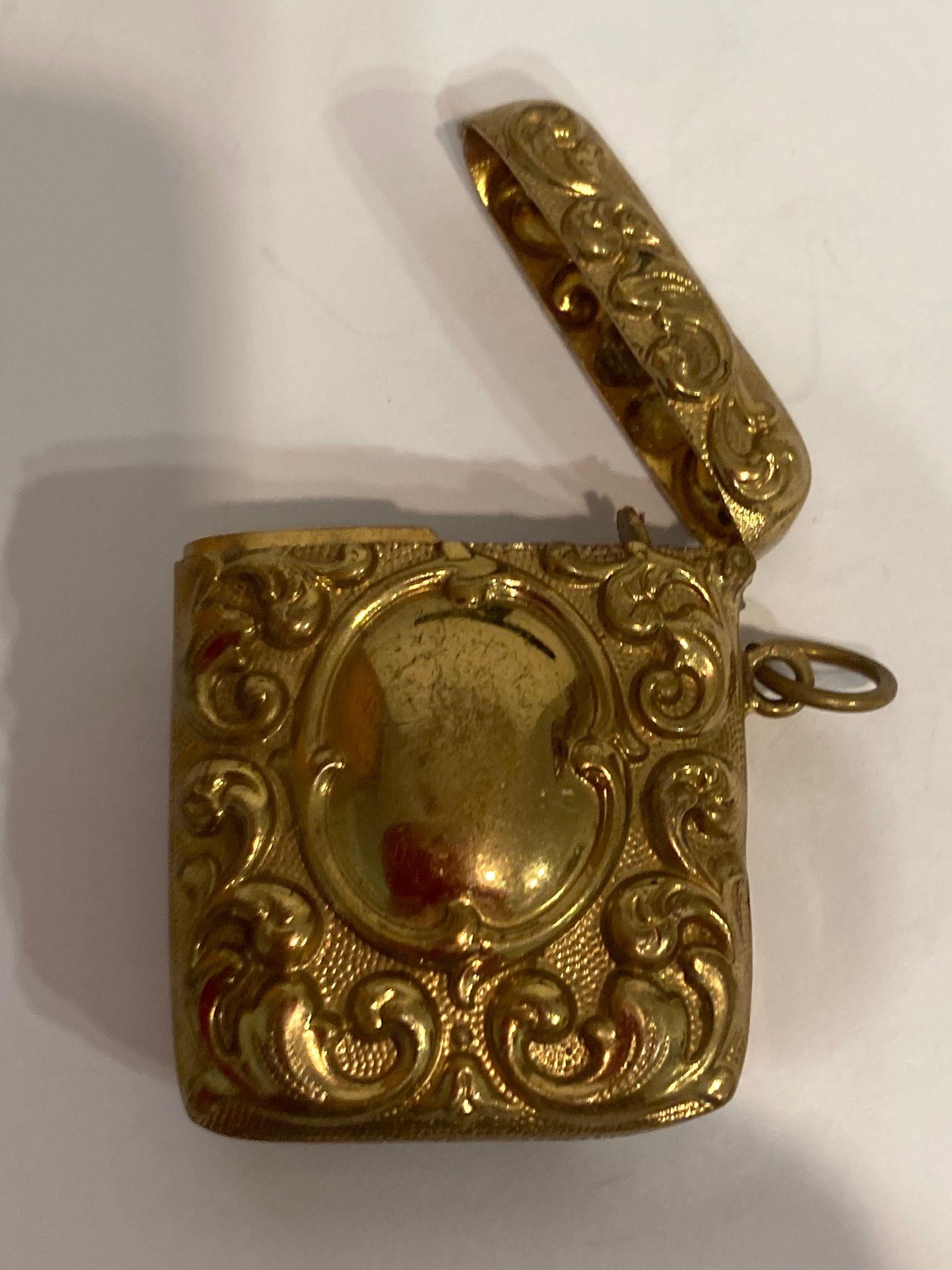 Rare Victorian 19th century BRASS VESTA. Having Repousse scroll design to both sides. Hinge and - Image 2 of 2