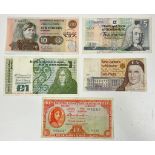 A Vintage Scottish 5 and 10 Pound Note PLUS a Vintage Irish Ten Shilling, one pound and five pound