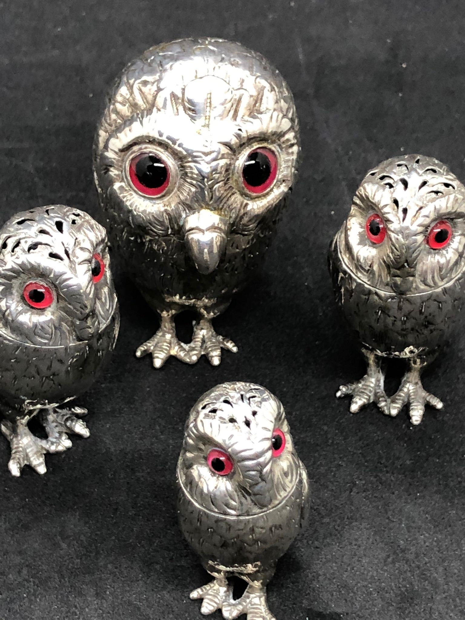 A magnificent 19th century rare silver antique original four piece owl cruet set by George - Image 4 of 26