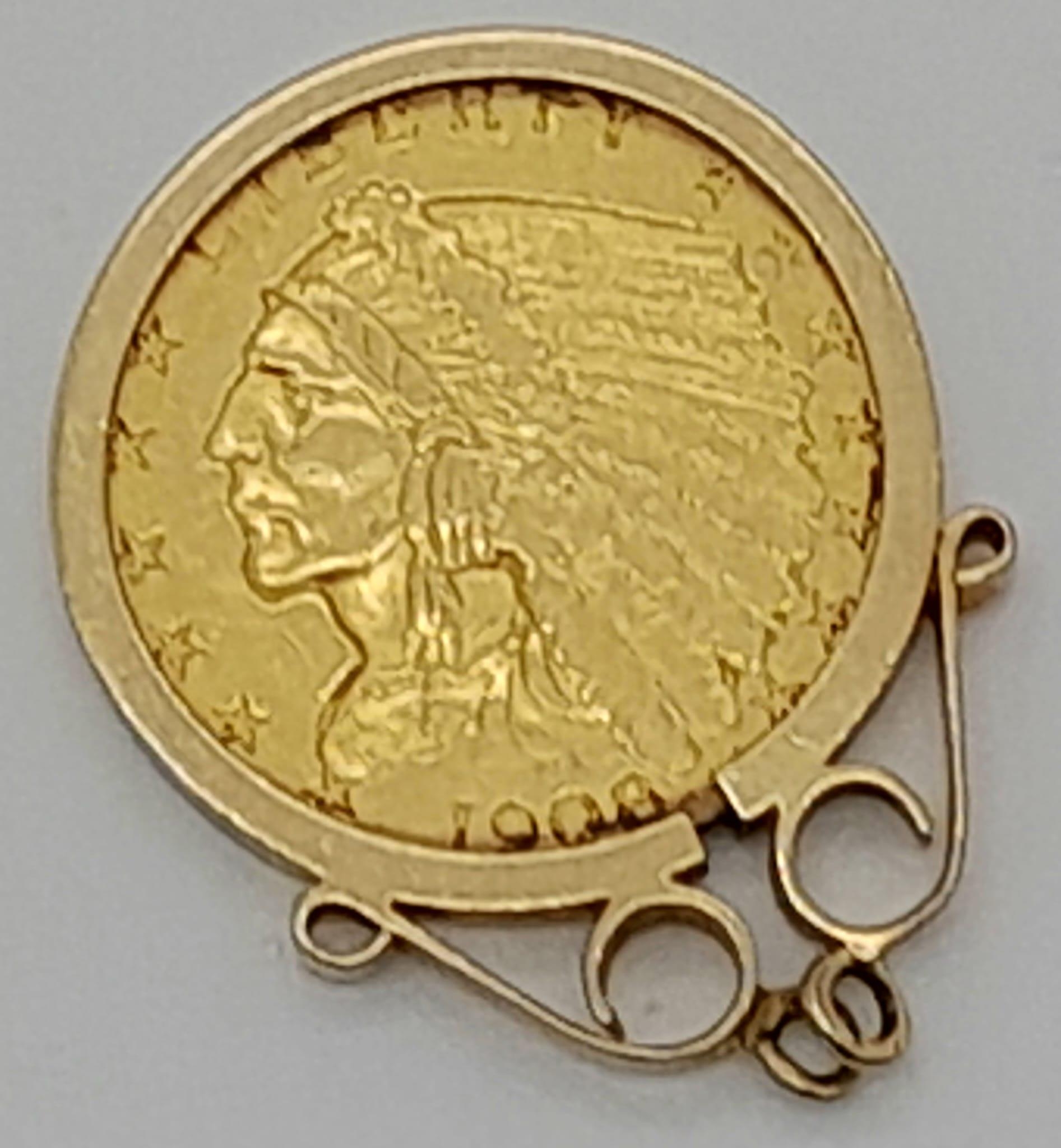 A 22k (900) Gold 1908 USA Two and a Half Dollar Coin in a 9K Gold Setting. 5.13g total weight. - Image 2 of 3