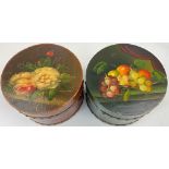 An amazing pair of antique, wooden, hand painted, round, hat boxes. Probably late Victorian in age