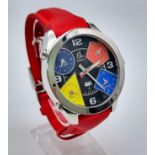 A Jacob and Co Five Time Zone Gents Watch. Red rubber strap. Steel case - 46mm. Quartz movement.