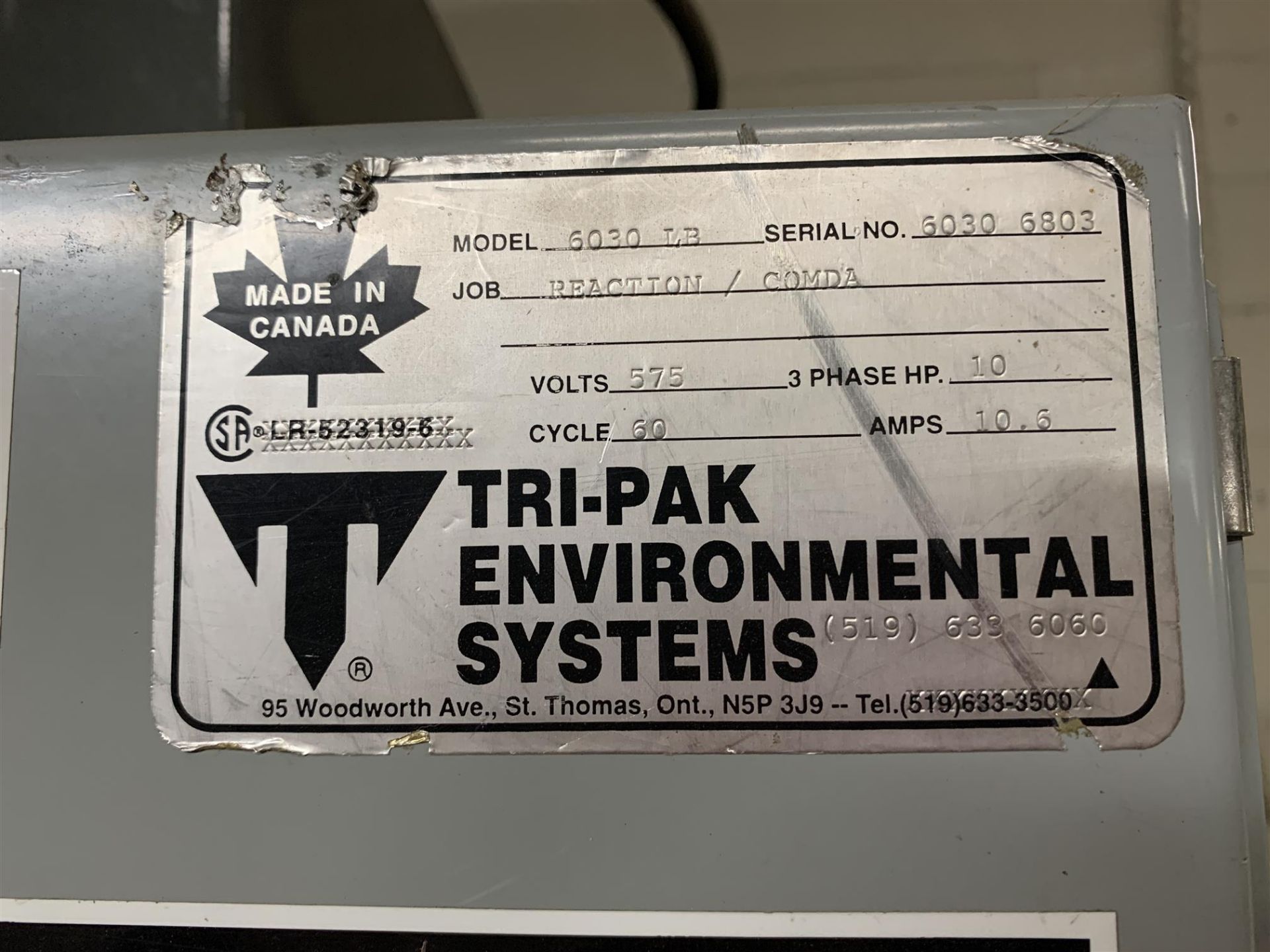 TRI - PAK ENVIROMENTAL SYSTEMS - BAILER - MODEL # 6030LB - 575V - 3 PHASE - 10HP - 10.6AMP - Image 3 of 3