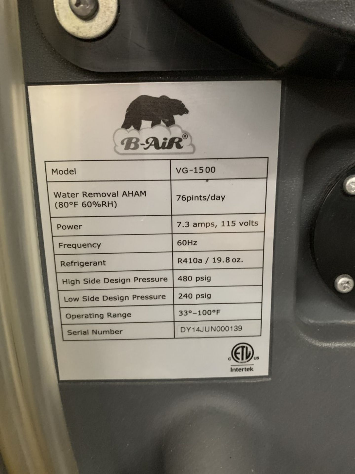 B-AIR - VANTAGE 1500 COMMERCIAL DEHUMIDIFIER - MODEL # VG-1500 - Image 3 of 3