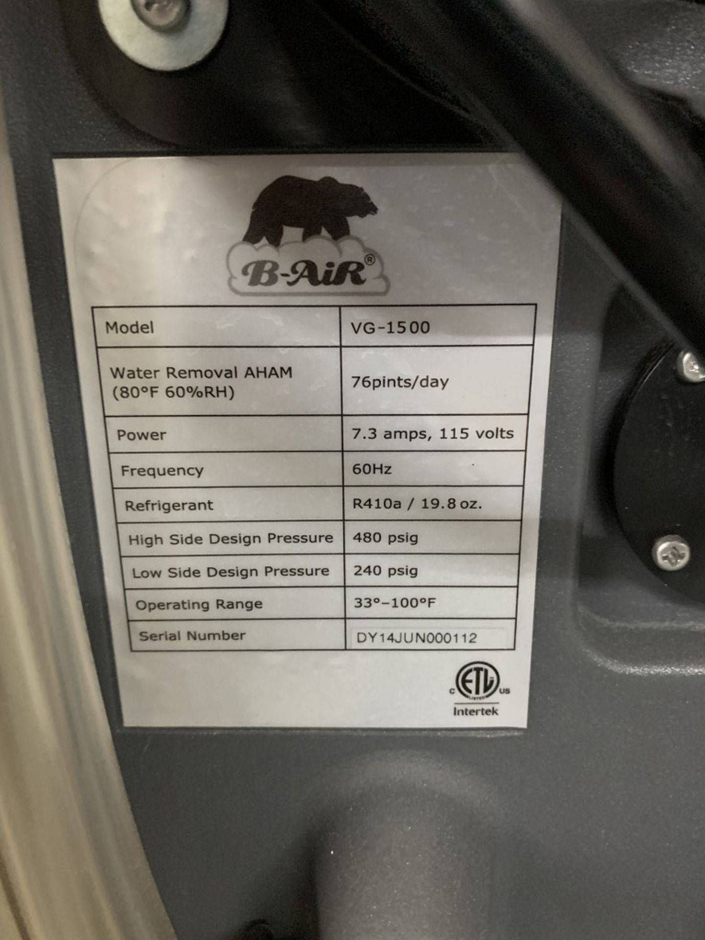 B-AIR - VANTAGE 1500 COMMERCIAL DEHUMIDIFIER - MODEL # VG-1500 - Image 3 of 3