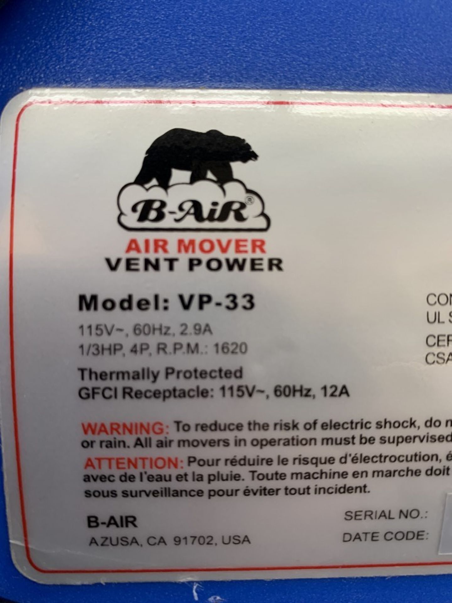 B-AIR - AIR MOVER/VENT POWER 1/3HP - MODEL # VP-33 - Image 5 of 5