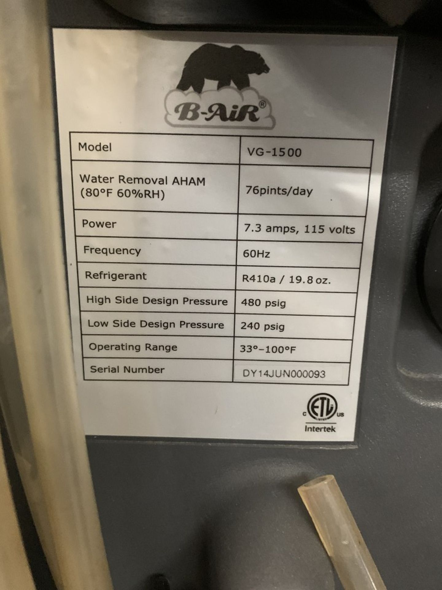 B-AIR - VANTAGE 1500 COMMERCIAL DEHUMIDIFIER - MODEL # VG-1500 - Image 3 of 3