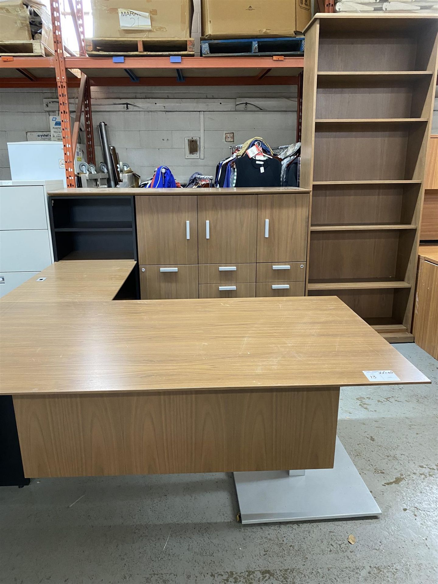 COMPLETE OFFICE SET WITH L-SHAPED DESK, DRAWERS, SHELVES AND STORAGE CUPBOARDS