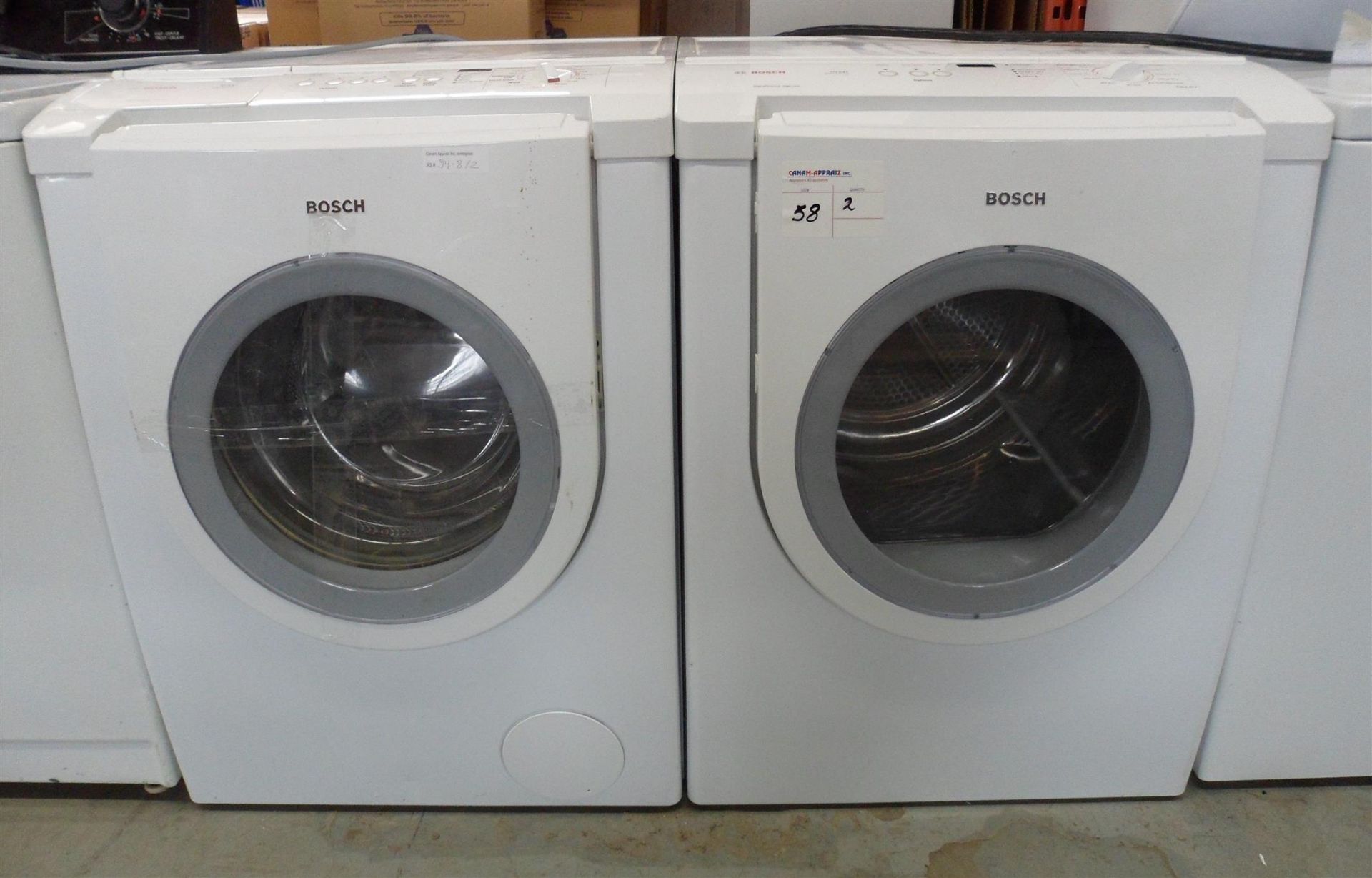 BOSCH DRYER AND WASHER - MODEL: WTMC3321CN/06; SERIAL NO: 859040084477001540 AND MODEL: WFMC3301UC/