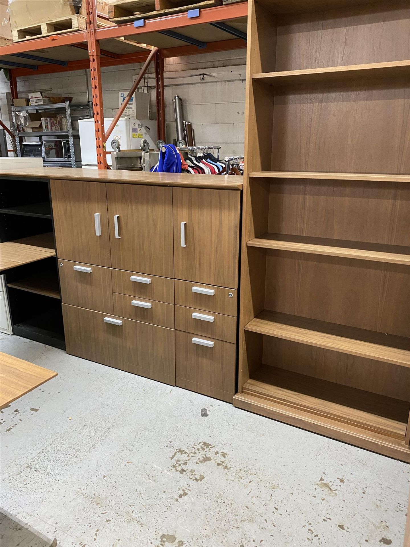 COMPLETE OFFICE SET WITH L-SHAPED DESK, DRAWERS, SHELVES AND STORAGE CUPBOARDS - Image 2 of 2