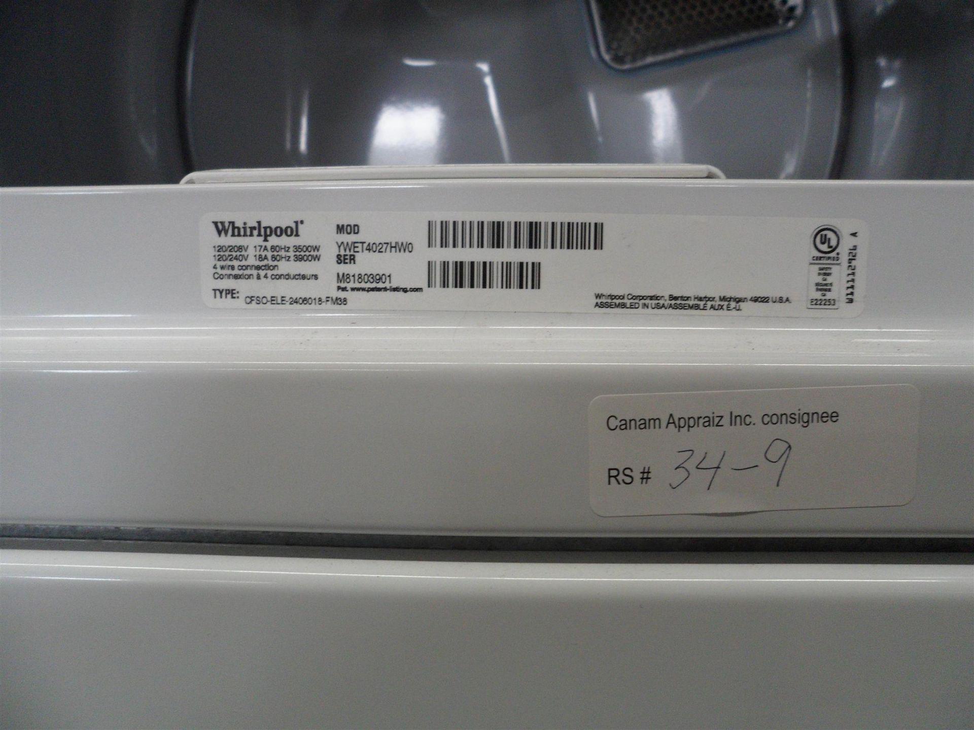 WHIRLPOOL WASHER/DRYER - MODEL: YWET4027HW0; SERIAL NO: M81803901 - Image 2 of 2