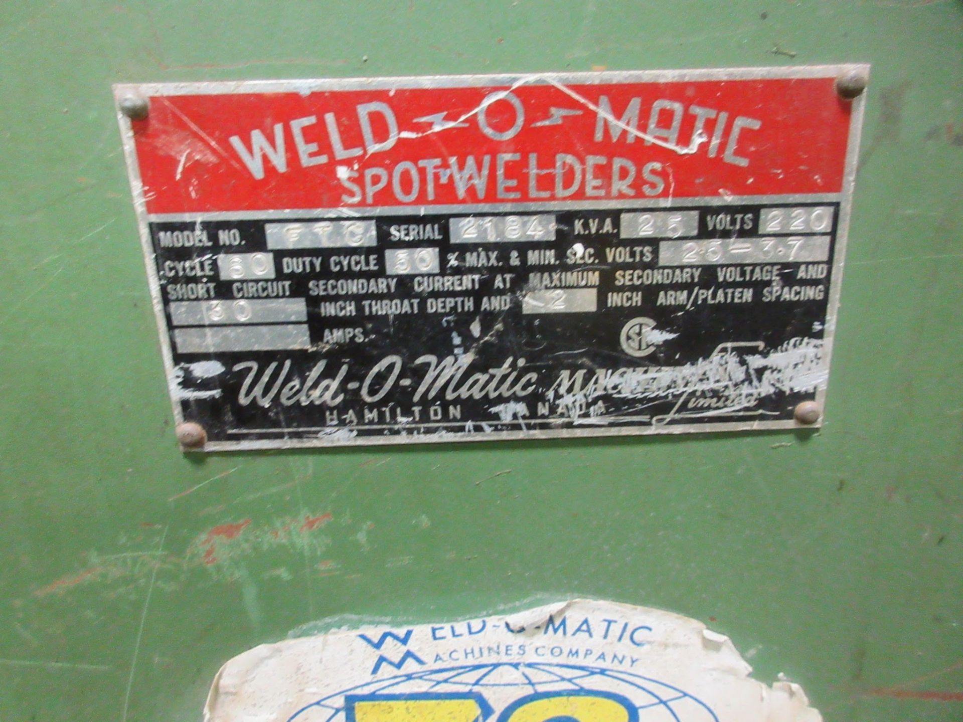 WELD-O-MATIC FTC 25KVA SPOT WELDER, S/N 2184 (RIGGING FEE $100) - Image 2 of 3