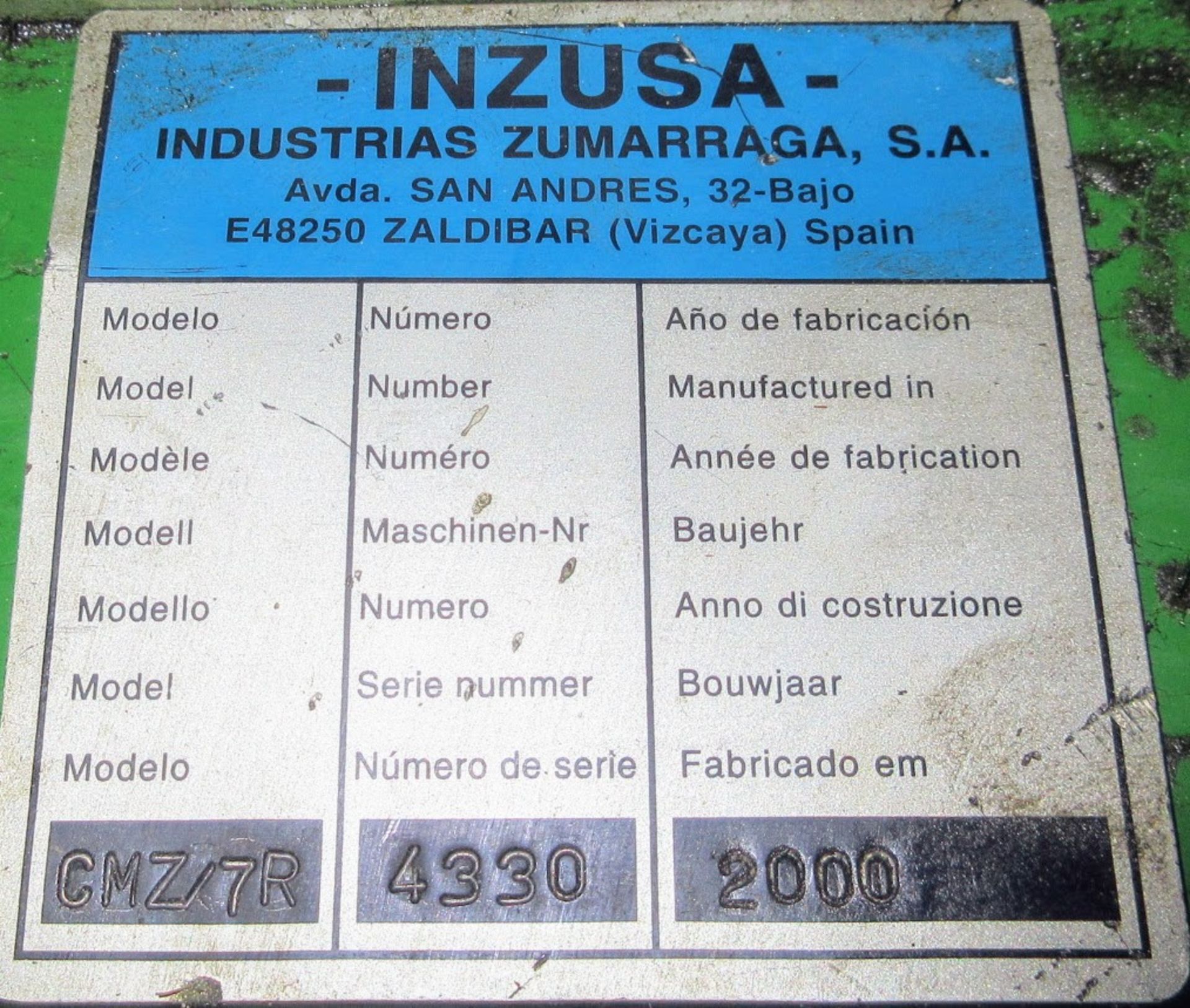 2000 INZUSA CMZ/7R POWER SWAGING MACHINE, S/N 4330 (RIGGING FEE $100) - Image 6 of 7