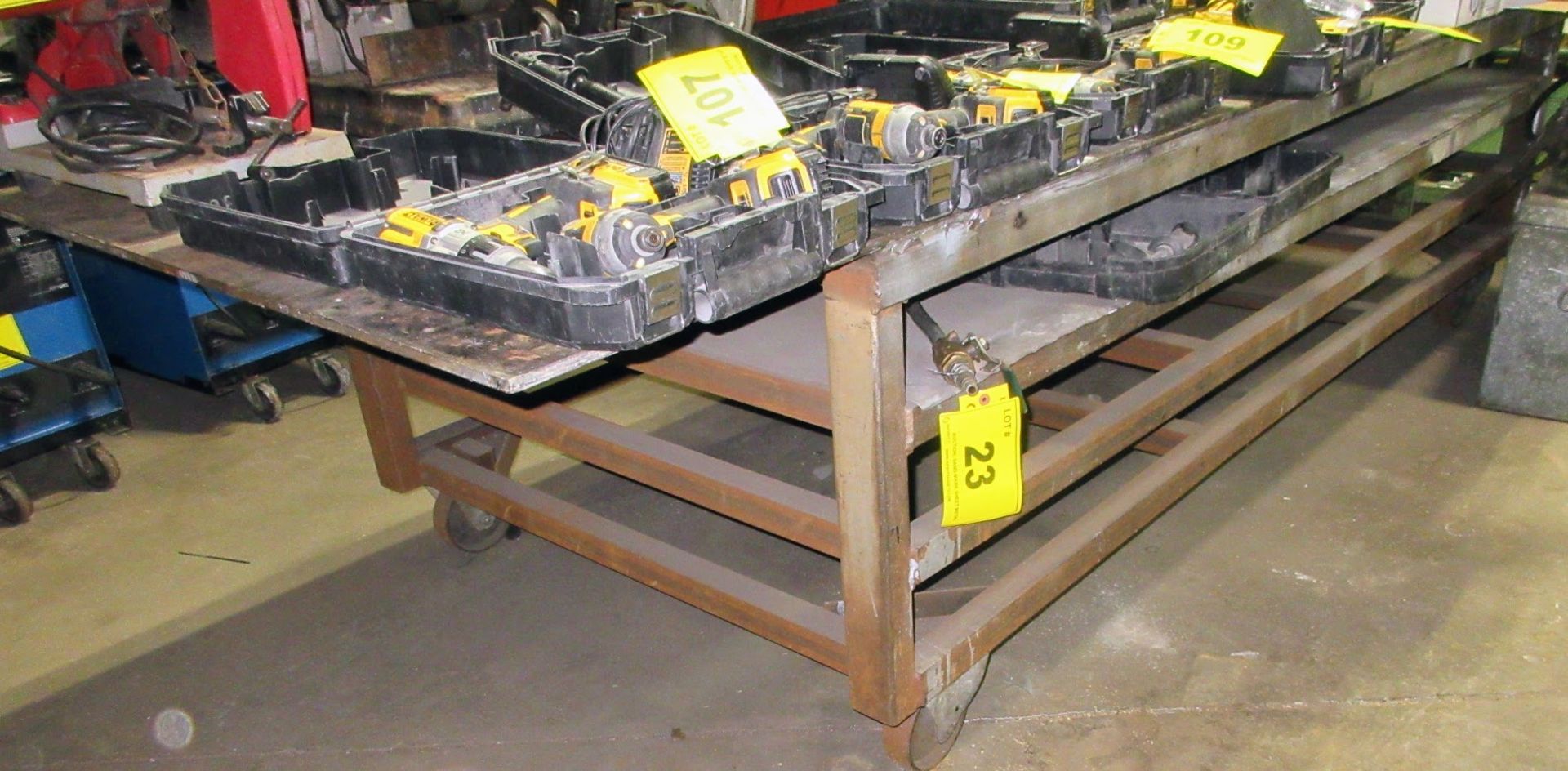 APPROX. 10'L X 14'D X 32"H PORTABLE STEEL WELDING TABLE W/ 1/2" THICK PLATE TOP, 4-LEVELS (NO