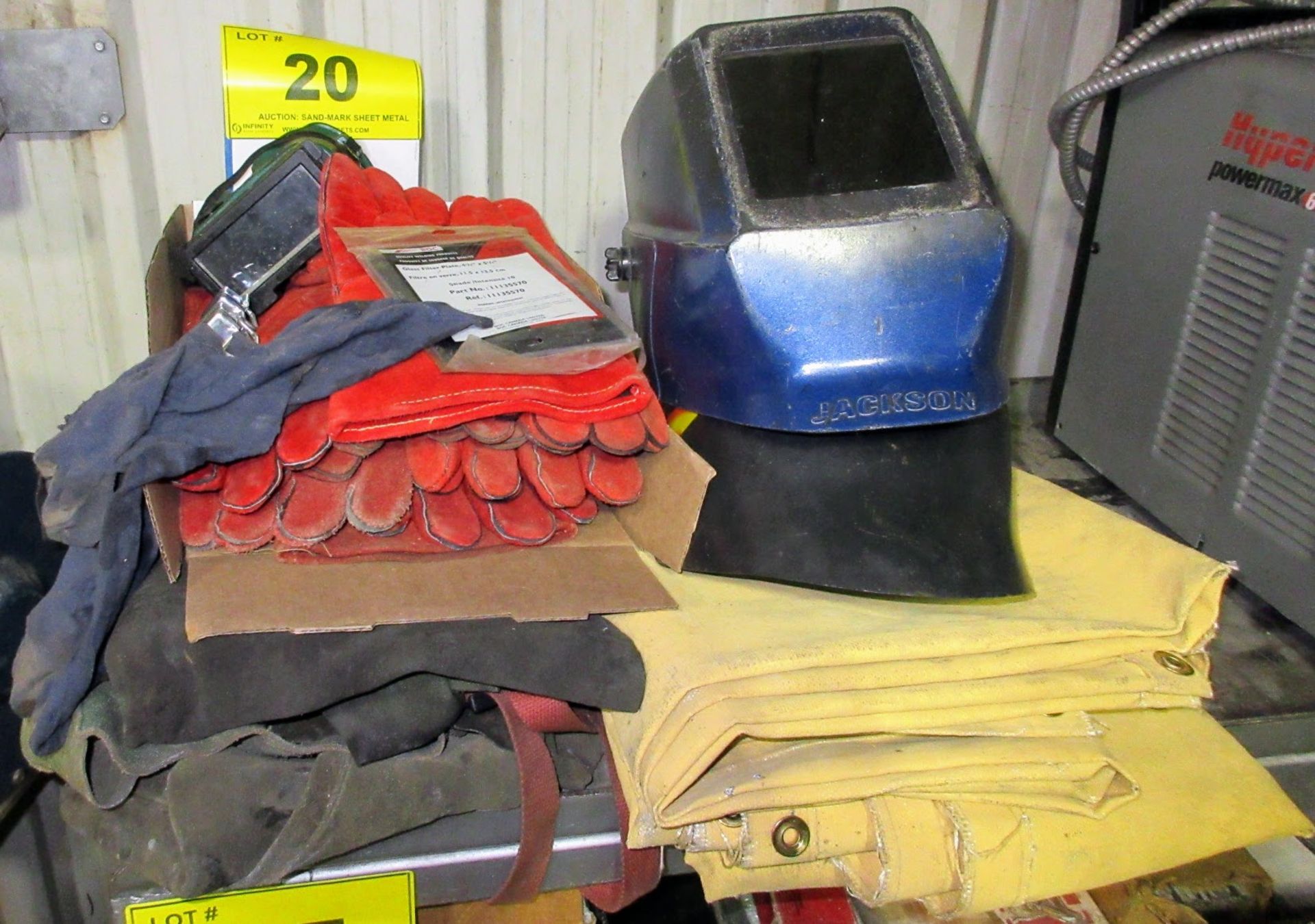 LOT OF WELDING MASKS, GLOVES, FIRE BLANKET, CLOTHING, ETC.