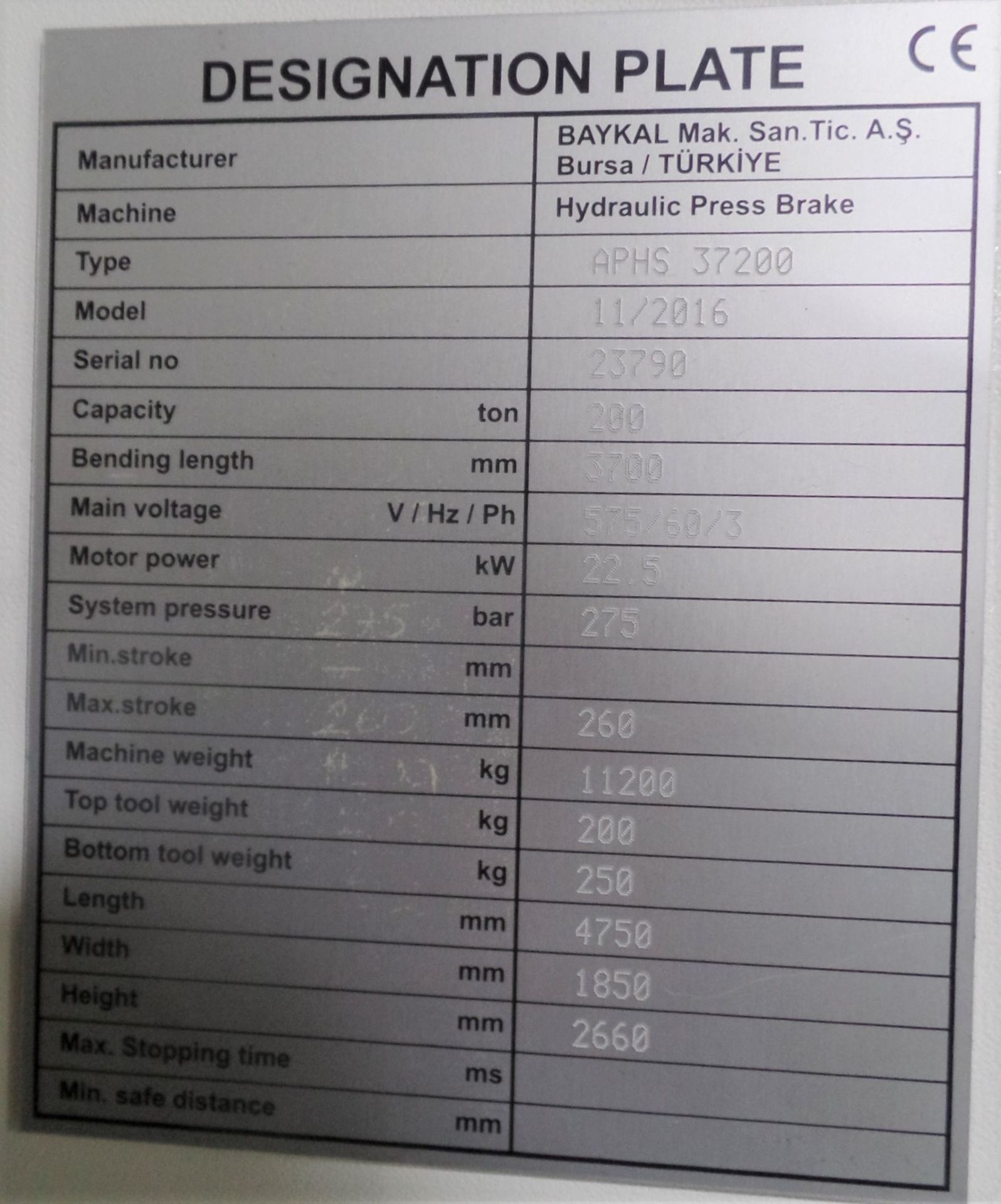 2017 BAYKAL APHS 37200 5-AXIS CNC PRESS BRAKE, 220-TON X 12’ CAP., CNC CROWNING, DELEM DA-66T - Image 25 of 26