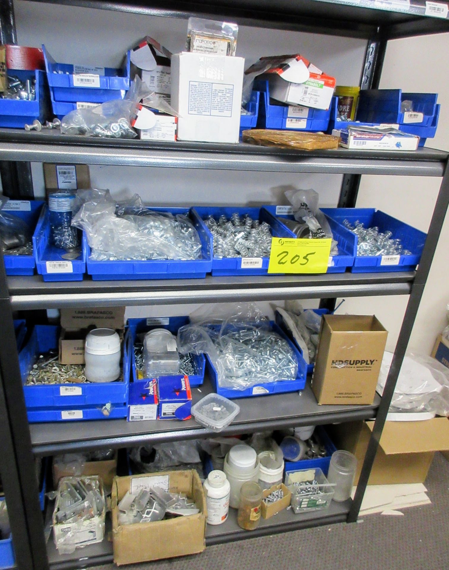 CONTENTS OF (2) SECTIONS OF SHELVING UNIT INCLUDING FASTENERS, WELDING SUPPLIES, SLEEVE ANCHORS,