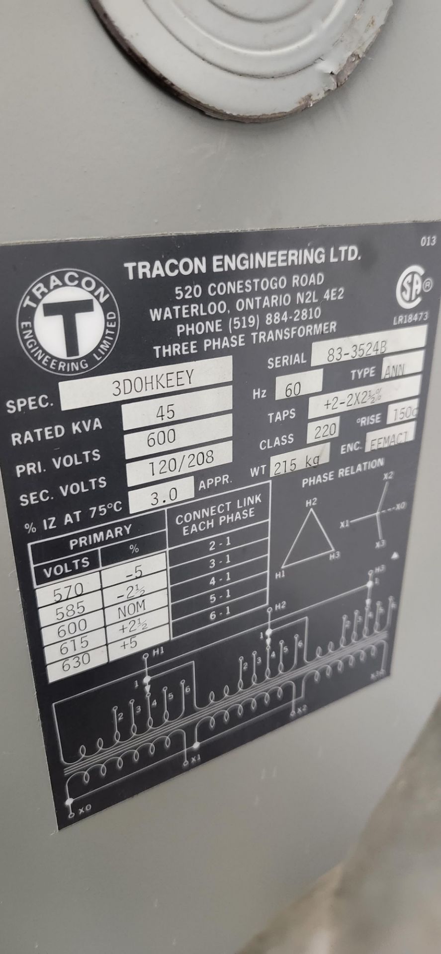 TRACON ENGR 600-220 TRANSFORMER - Image 2 of 2