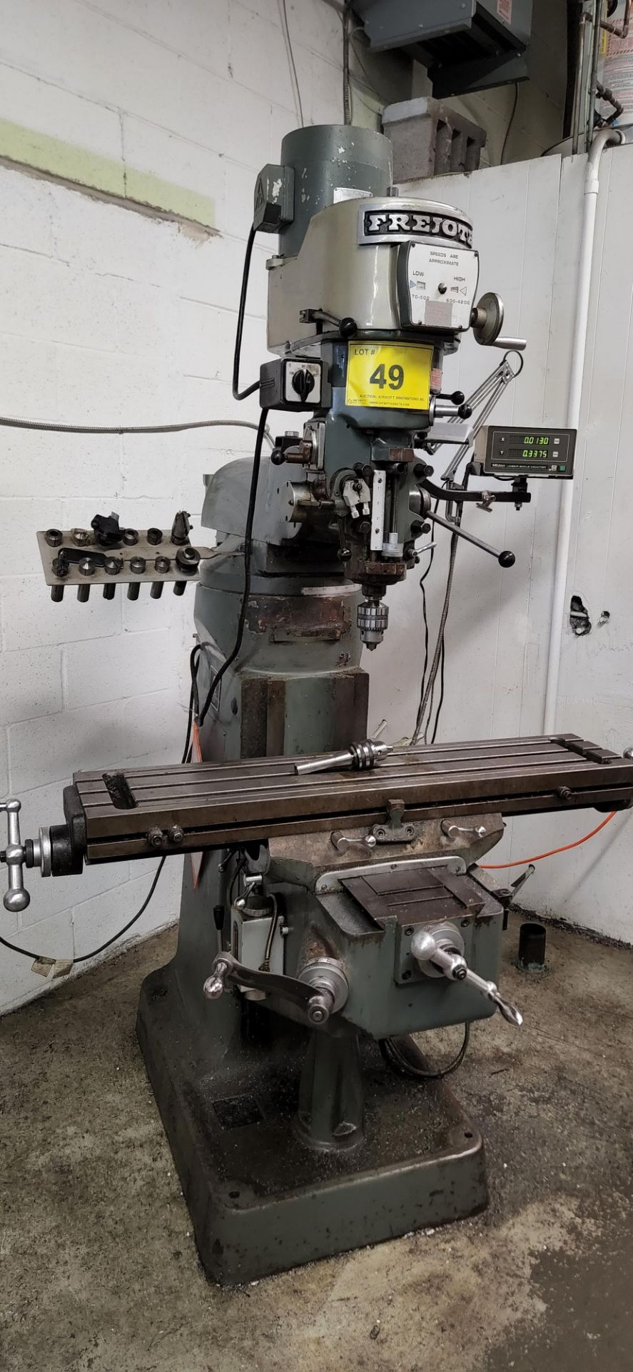 FREJOTH VERTICAL MILLING MACHINE, MITUTOYO 2-AXIS DRO, 9” X 42” TABLE, SPEEDS TO 4,200 RPM