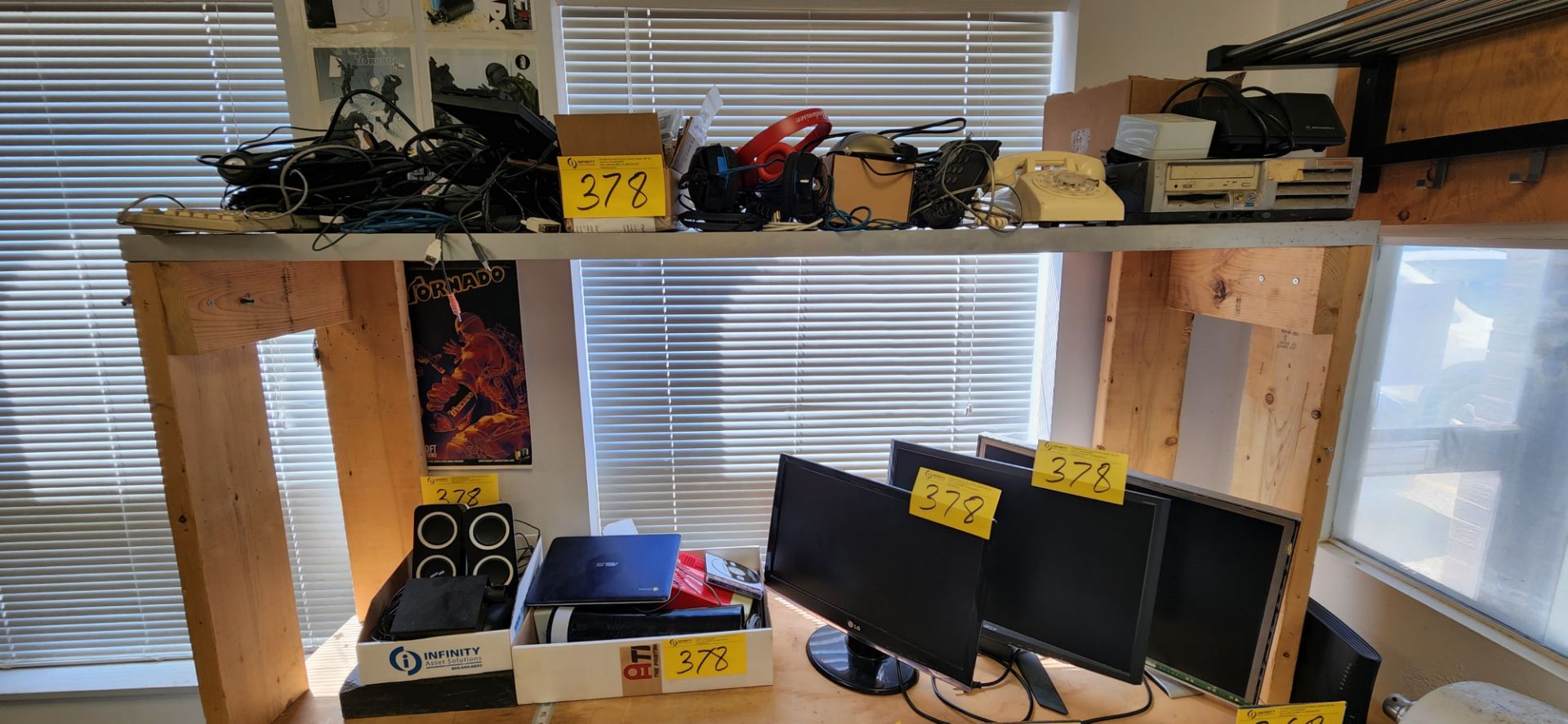 LOT CABLES, MONITORS, PHONES, ETC.