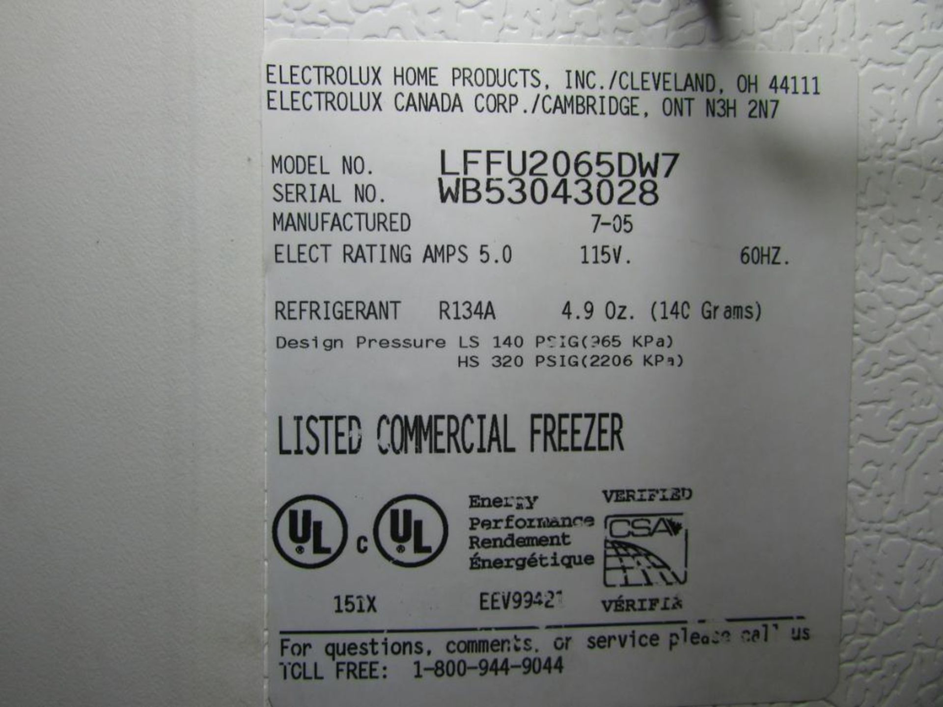 Frigidaire Commercial LFFU2065DW7 Commercial Freezer. Approx. 20"x27"x57" Chamber, 115V 60Hz 1PH. S/ - Image 4 of 4