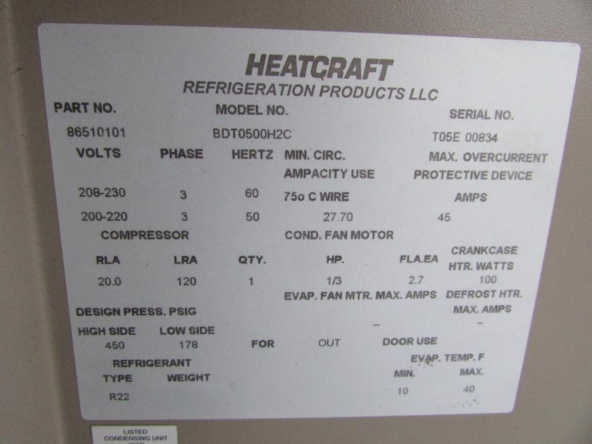 Bohn/Heatcraft BDT0500H2C Out Door Freezer Compressor Unit. 208-230/460V 60Hz 3PH. (Loc. Roof) - Image 8 of 8