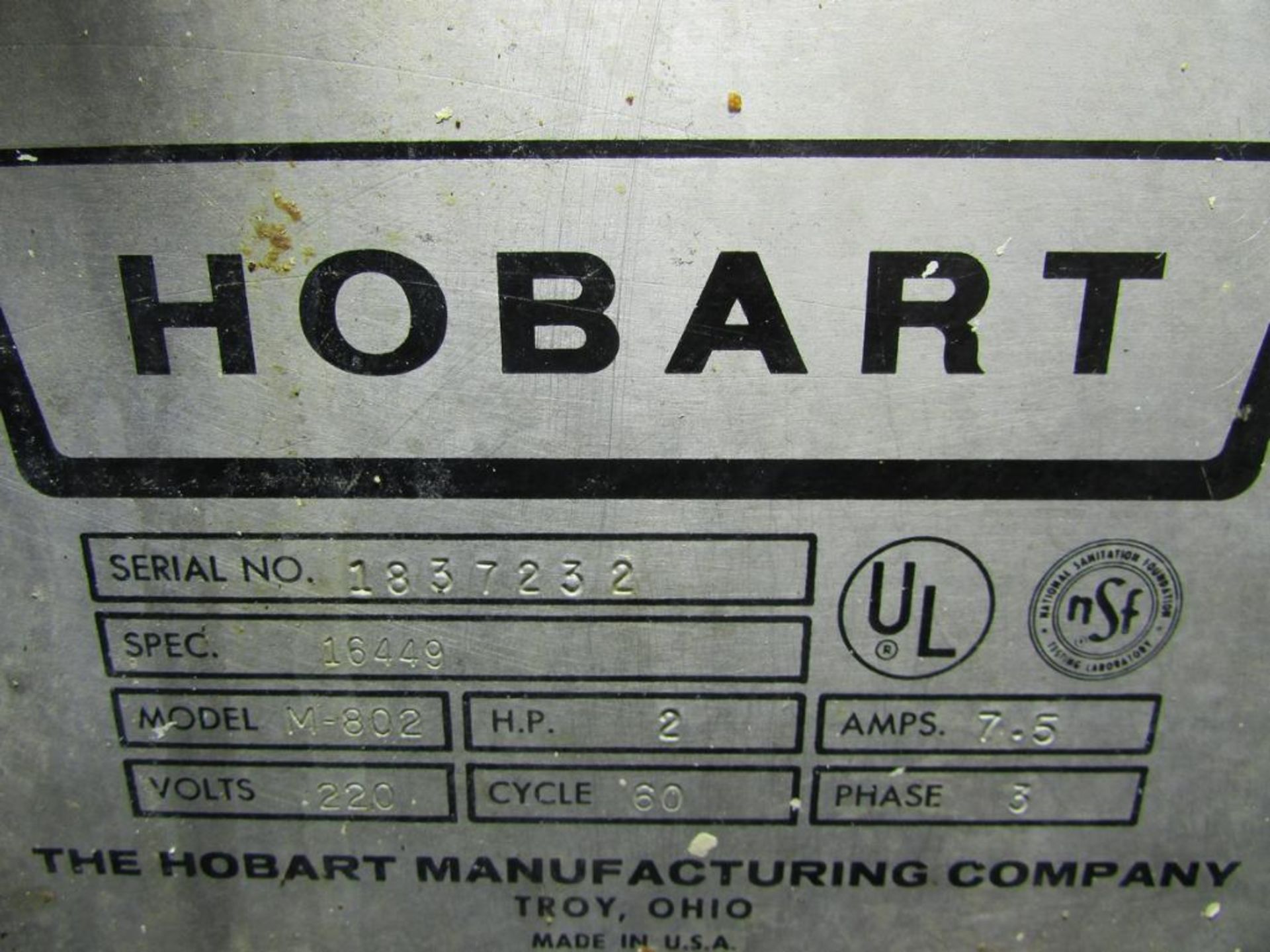 Hobart M-802 80 Quart Commercial Mixer. 20" Diameter x 18" Mixing Bowl, 2HP 220V 60Hz 3PH. S/N- 1837 - Image 9 of 9