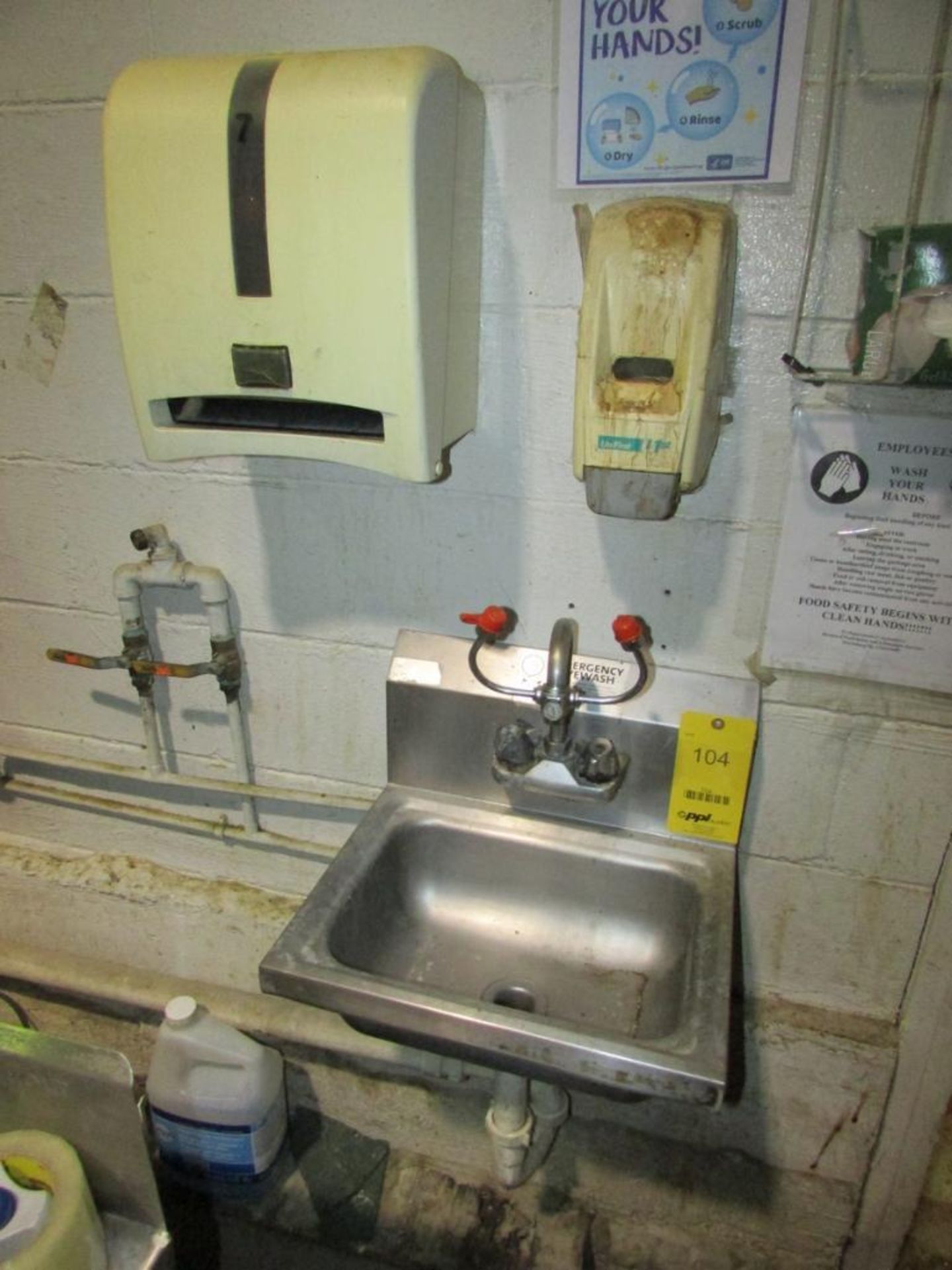 LOT: Stainless Steel Hand Sink with Emergency Eyewash Attachment, Soap and Paper Towel Dispensers, a