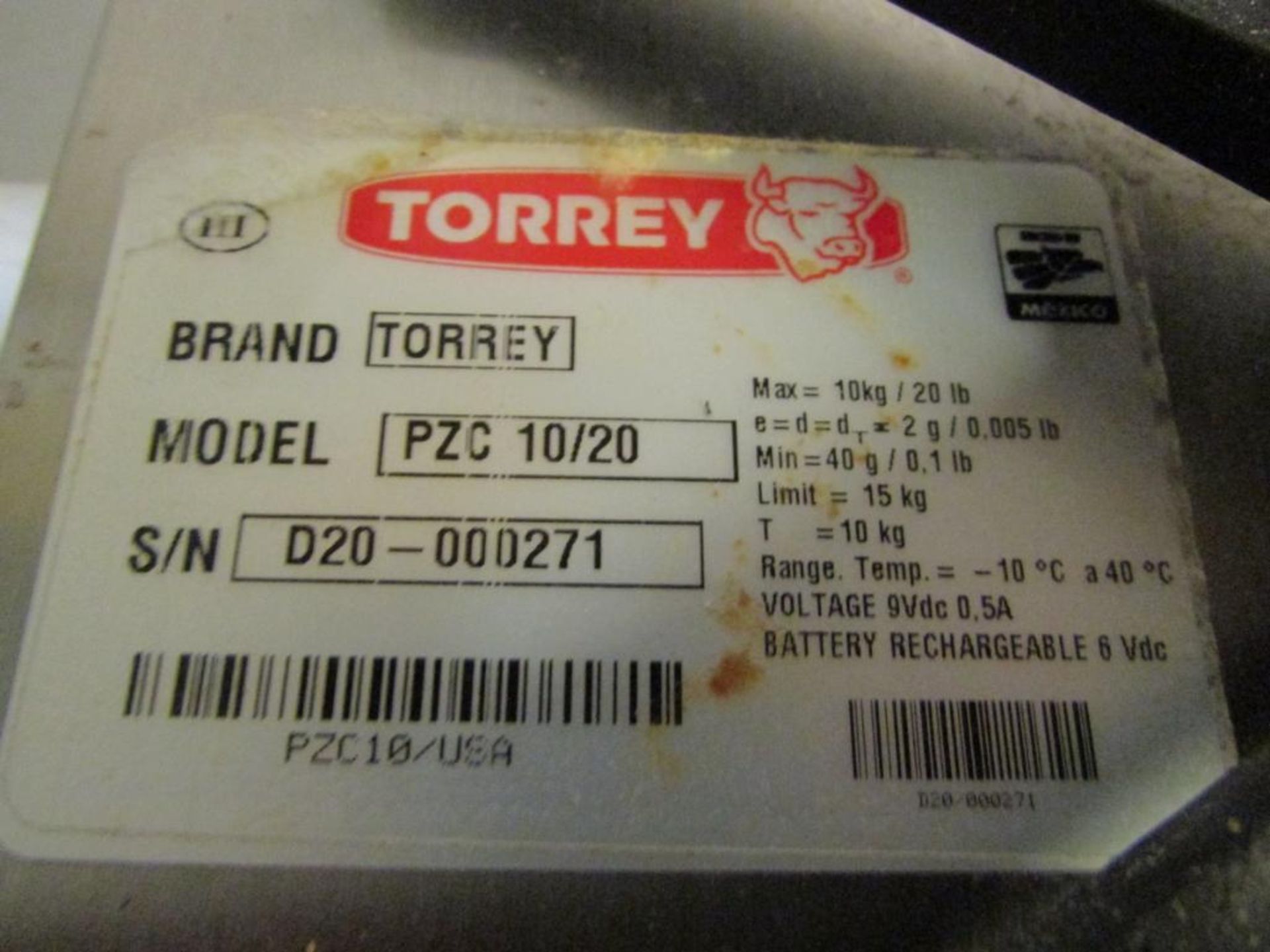 Torrey PZC 10/20 Digital Platform Scale. 20 Lb. x 0.005 Lb. Capacity, 9-1/2"x8-3/4" Platform, S/N- D - Image 6 of 6