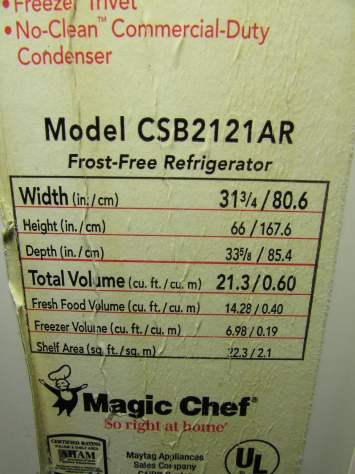 Magic Chef CSB2121ARW 21.3 Sq. Ft. Refrigerator/Freezer. 115V 60Hz 1PH. S/N- 11228803WH - Image 4 of 5