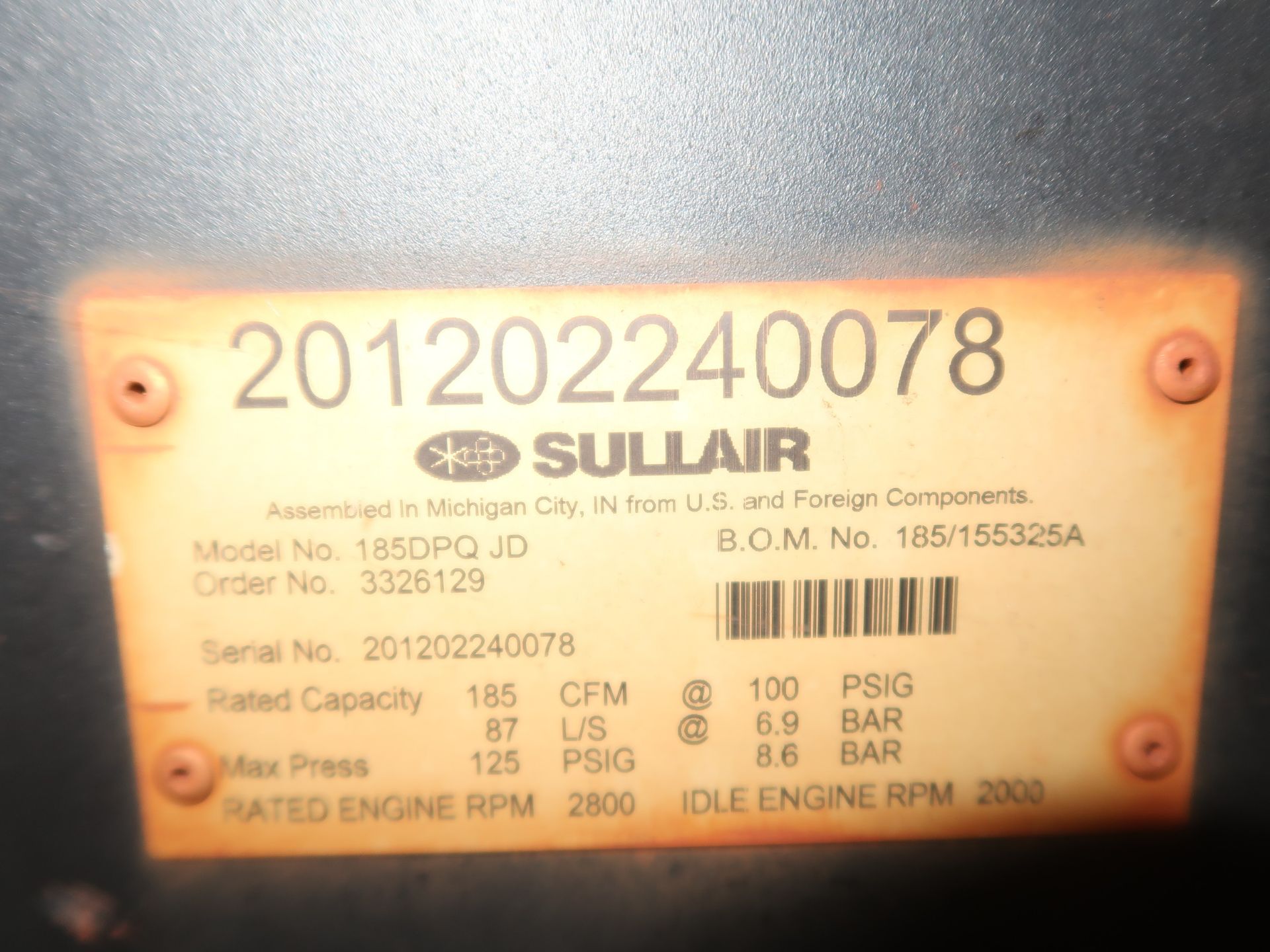 Sullair air compressor, model 185DPQJD - Image 3 of 3