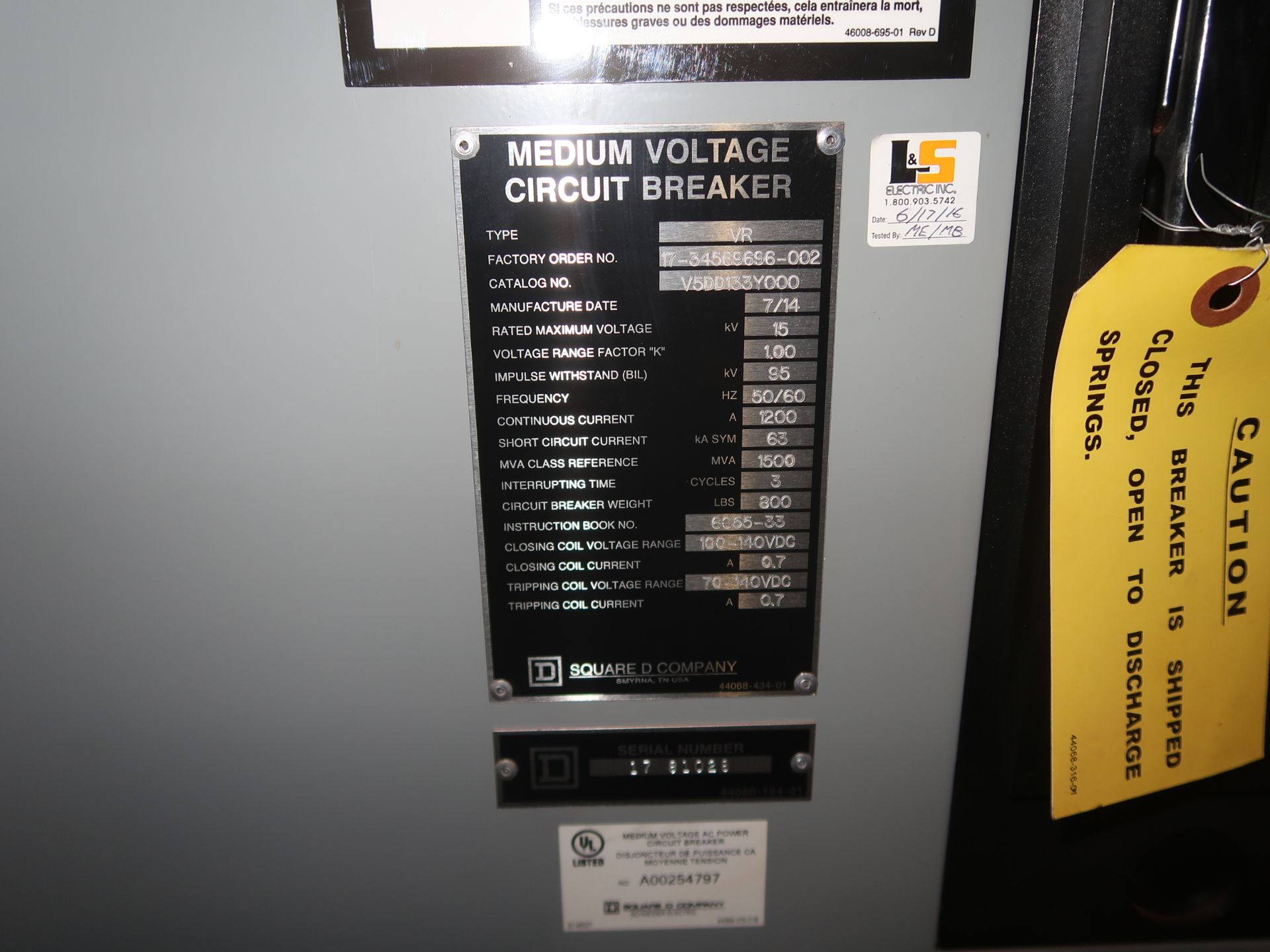 Square D VR 15 KVA medium voltage circuit breaker - Image 3 of 3