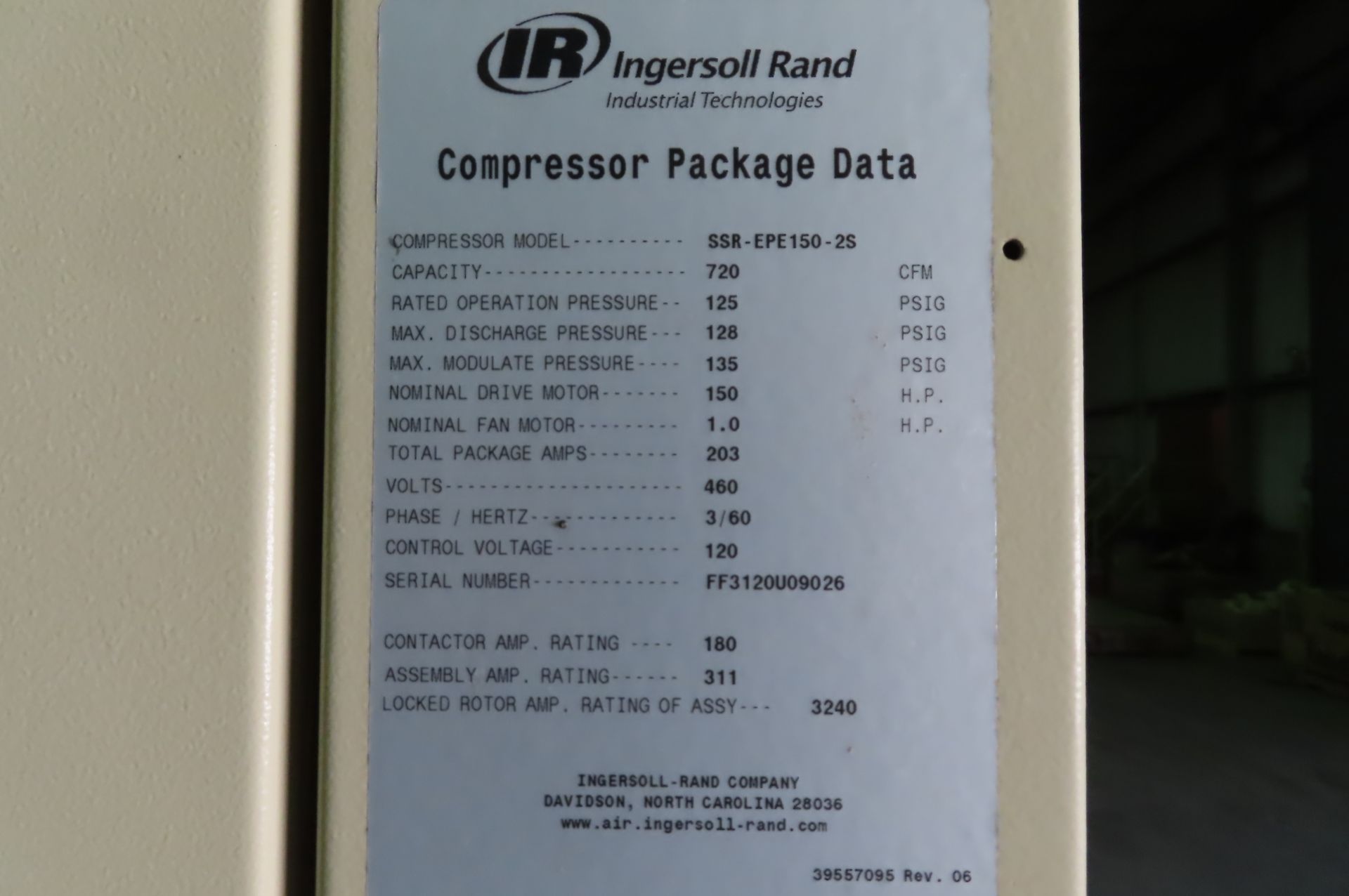 Ingersoll Rand air compressor, mod SSREDE150-2S, s/n FF3120U09026, 720 CFM cap, 125 psi, 460V, motor - Image 3 of 3