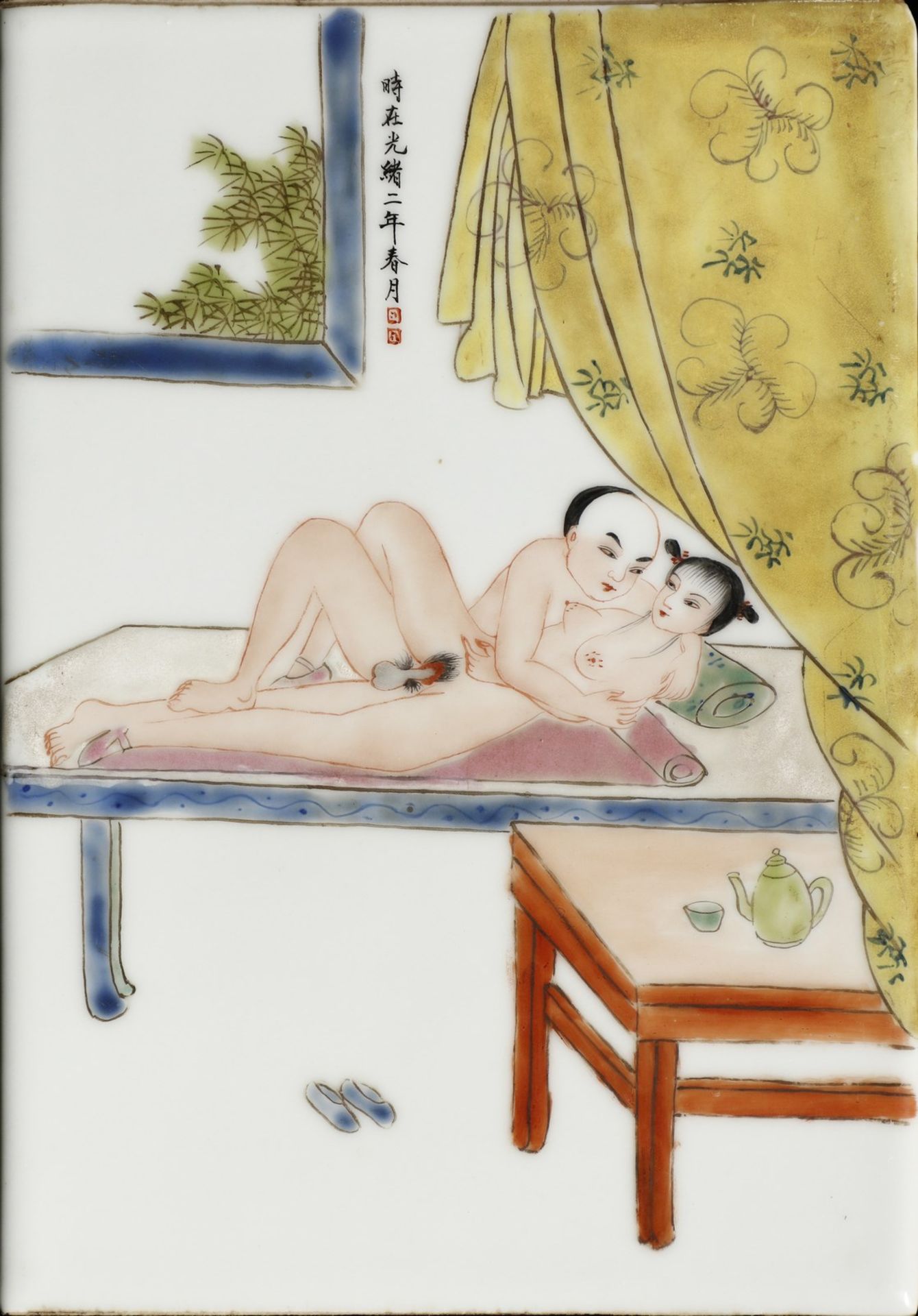 Arte Cinese  A group of eight porcelain tiles painted with erotic scenes  China, Qing dynasty, 19th  - Bild 4 aus 10
