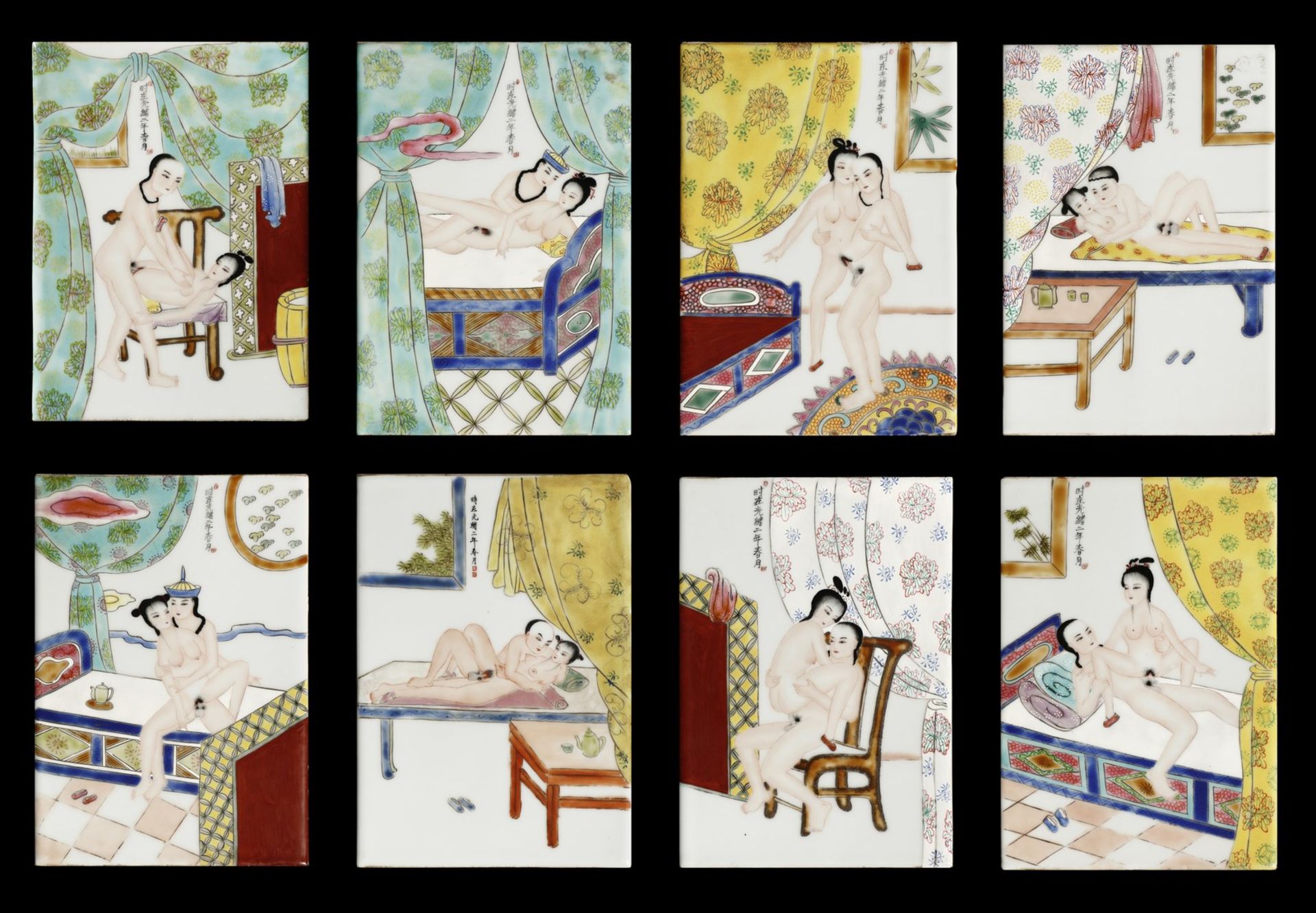 Arte Cinese  A group of eight porcelain tiles painted with erotic scenes  China, Qing dynasty, 19th 