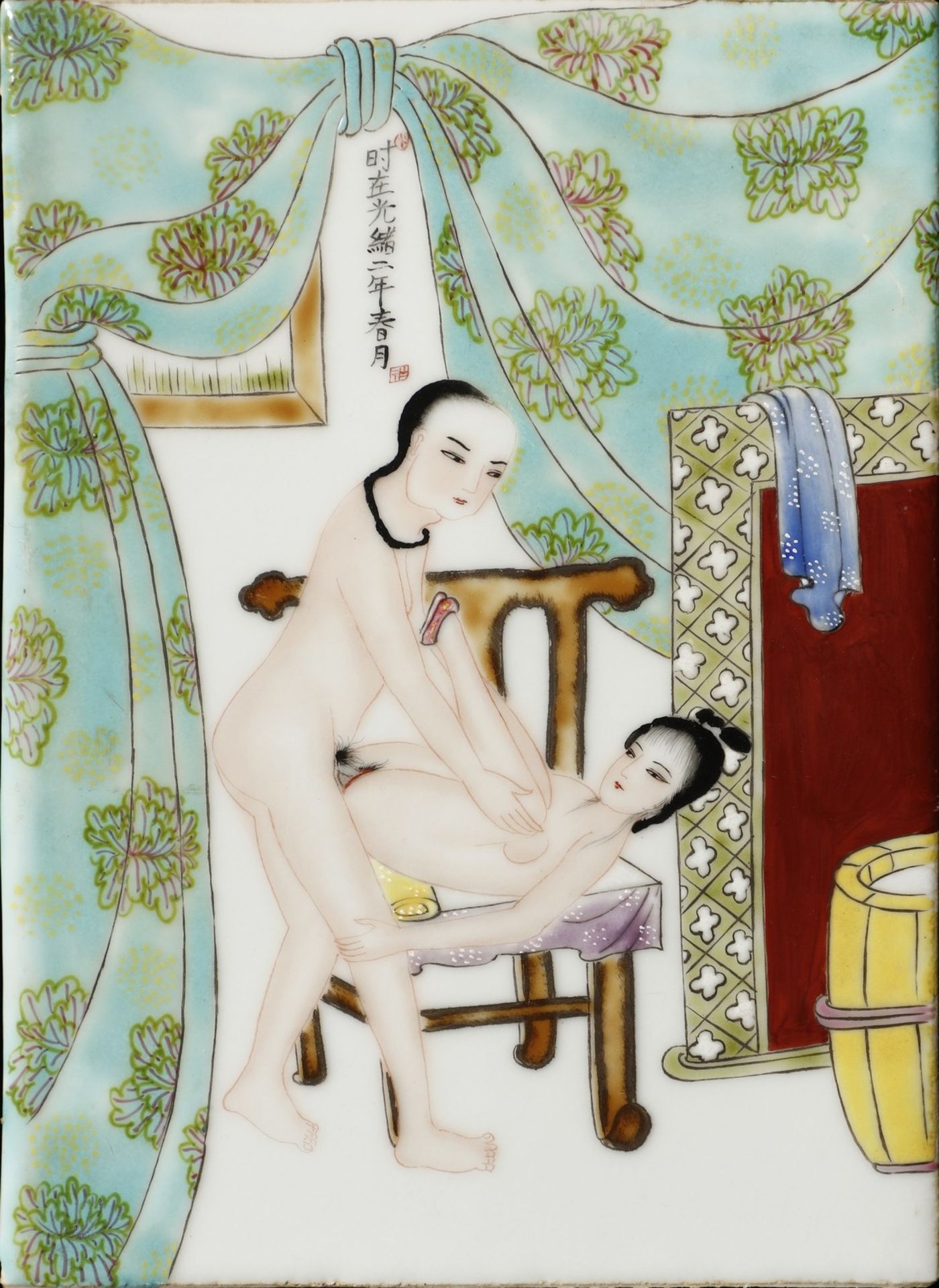 Arte Cinese  A group of eight porcelain tiles painted with erotic scenes  China, Qing dynasty, 19th  - Bild 2 aus 10