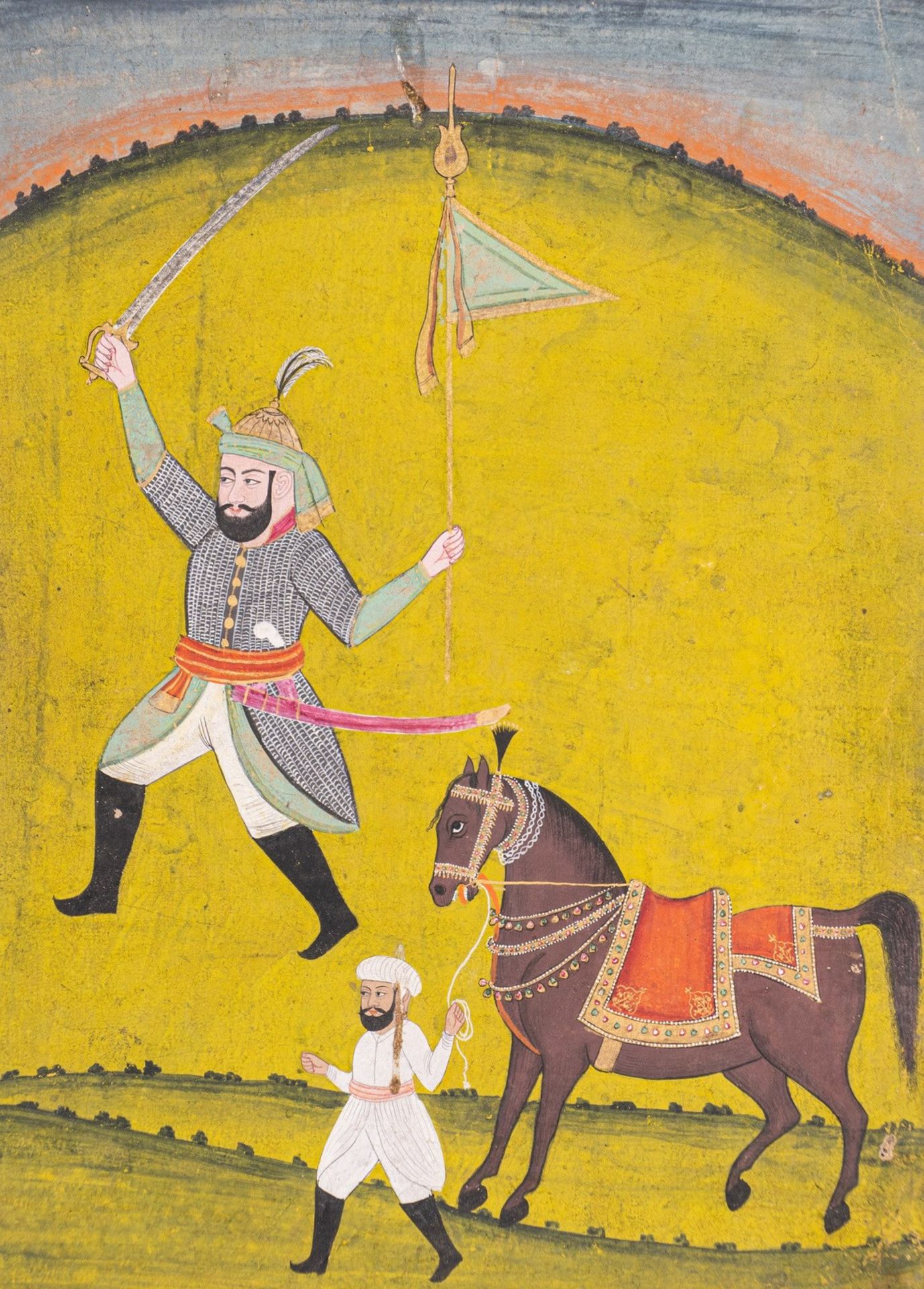 Arte Indiana A miniature painting depicting a warrior with horse and groomSouthern India, Deccan, 1