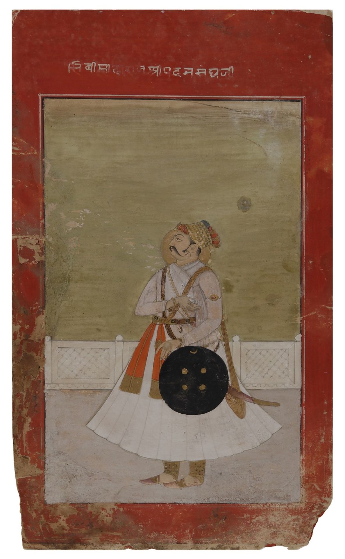 Arte Indiana A miniature painting portraying a standing MaharajaNorthern India, Rajasthan, possibly