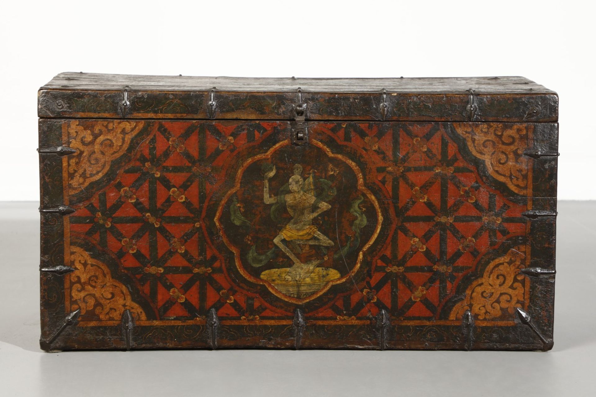 Arte Himalayana A polychrome wooden chest painted with dancing skeleton over red knotted background - Image 2 of 6