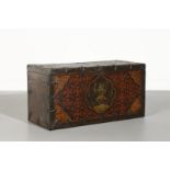 Arte Himalayana A polychrome wooden chest painted with dancing skeleton over red knotted background