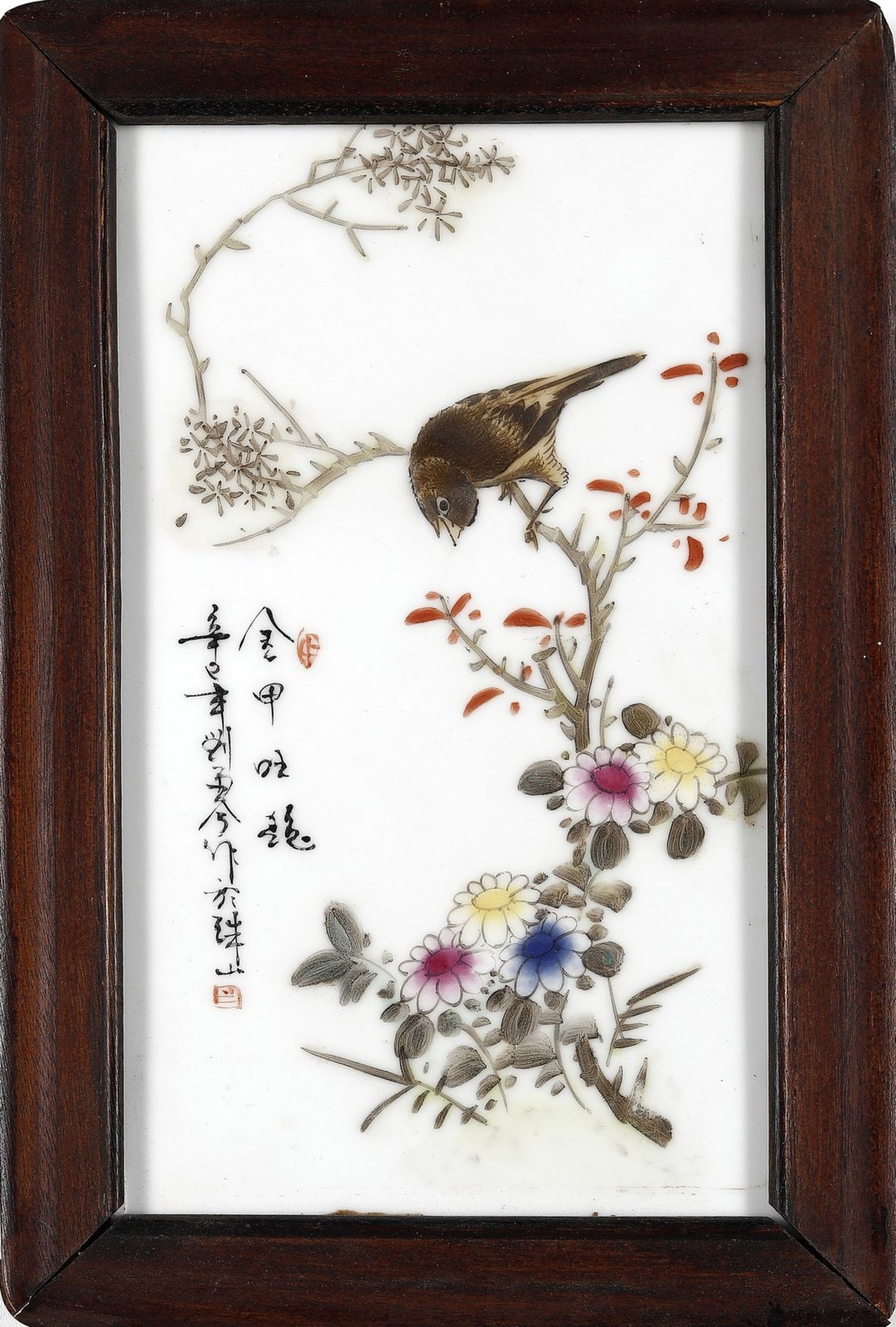 Arte Cinese A porcelain plaque painted with a bird on a blossoming branch China, Republic period .