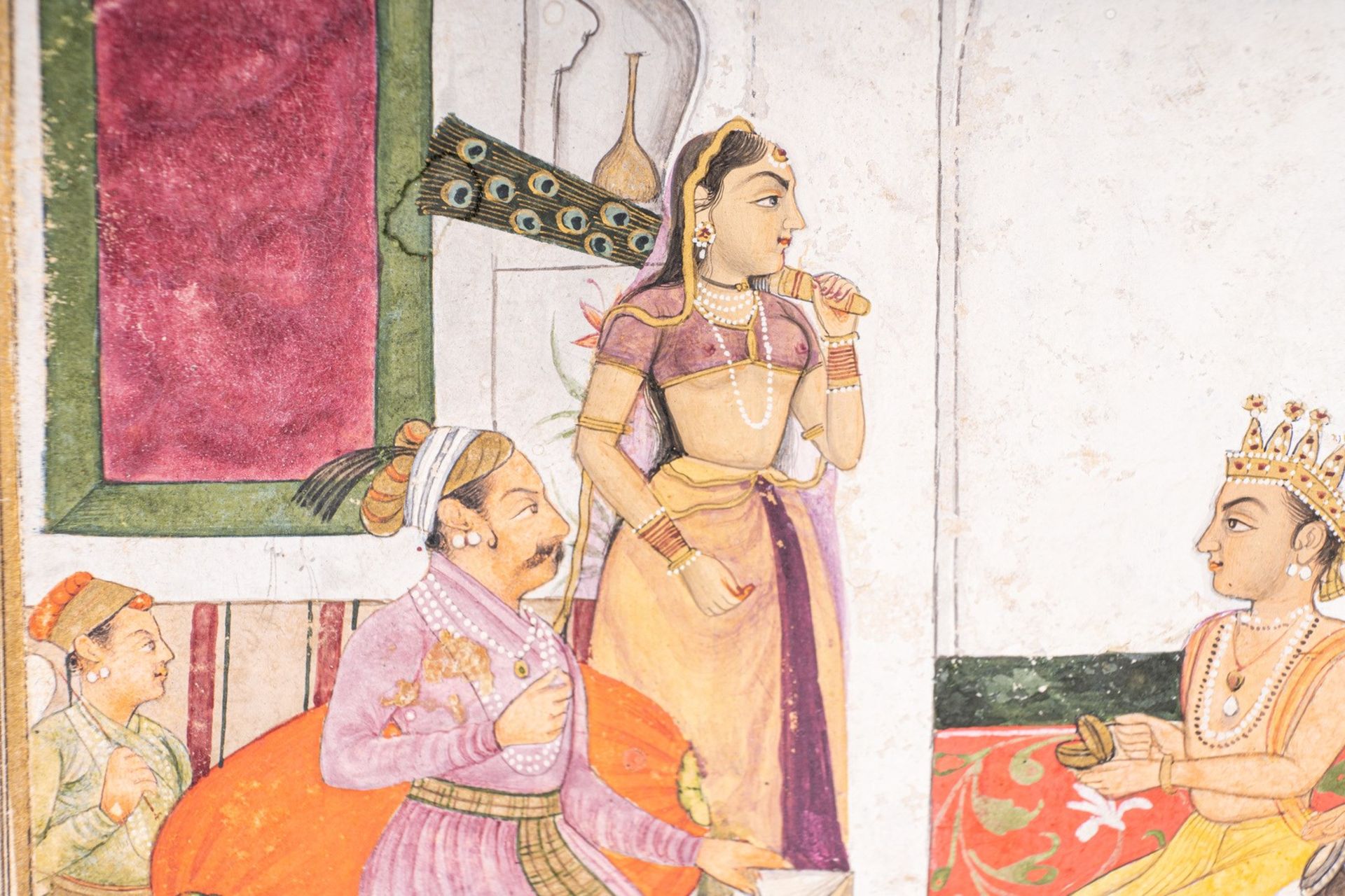 Arte Indiana A miniature painting depicting an emperor and a nobleman at leisure on a terraceIndia, - Image 2 of 3