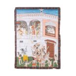 Arte Indiana A large decorative Indian painting on cloth depicting Lord Krishna playing with Radha