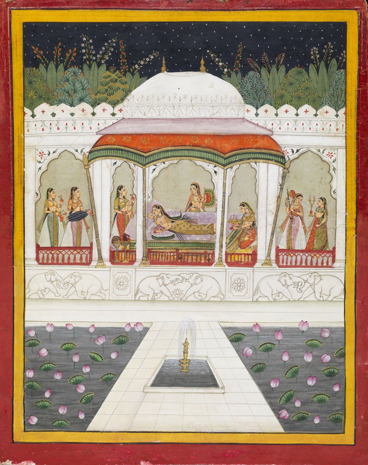 Arte Indiana A large nocturnal painting depicting ladies at leisure on a terrace Northern India, Ra